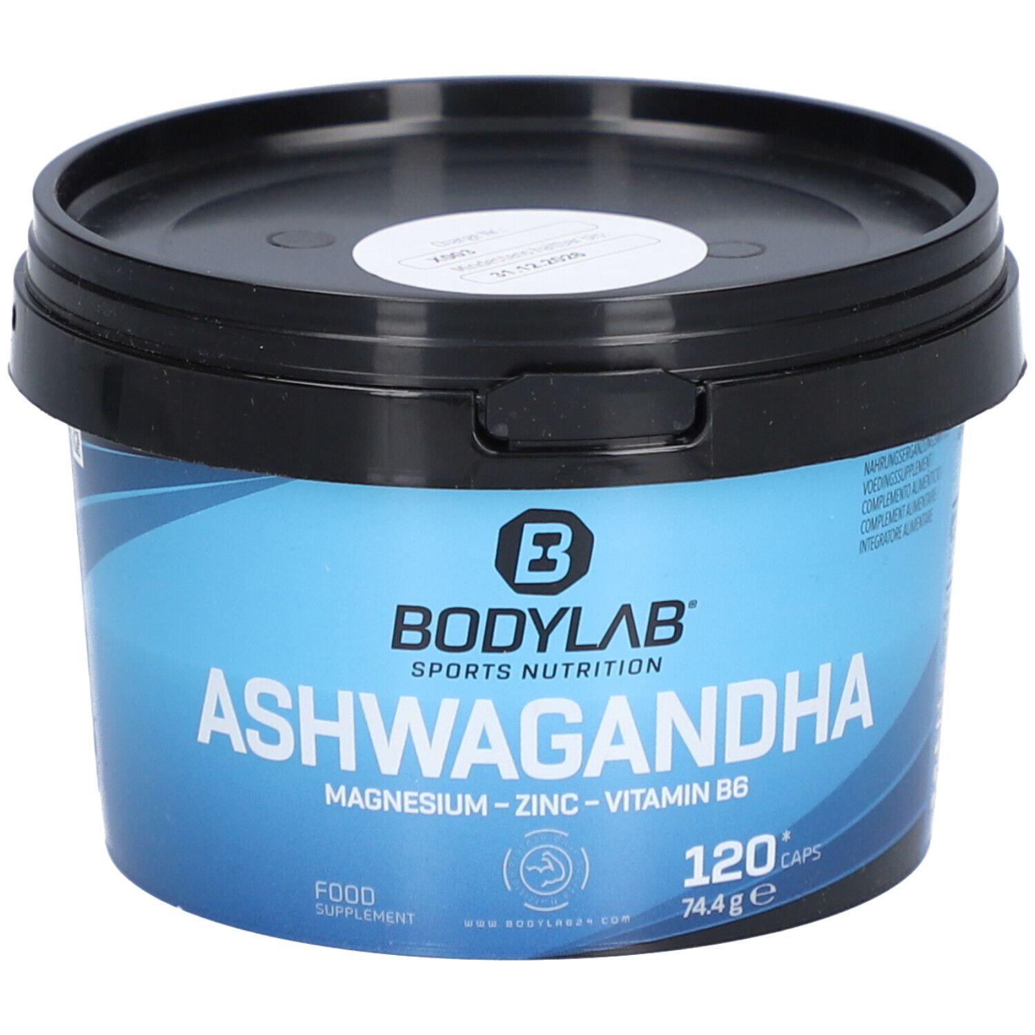 Récipient bleu avec couvercle noir. Inscription : BODYLAB Ashwagandha, Magnésium, Zinc, Vitamine B6. 120 gélules.