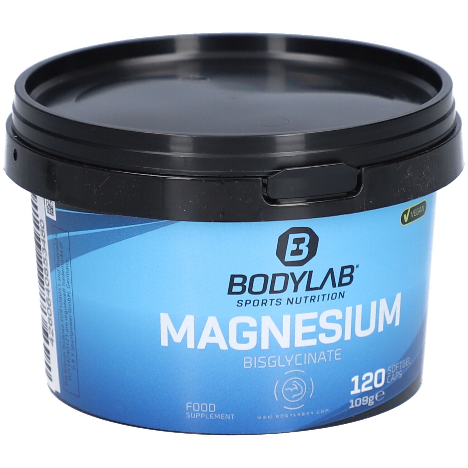 Pot de BODYLAB® Magnesiumbisglycinate. Couvercle noir, emballage bleu. Label Vegan. 120 capsules molles.