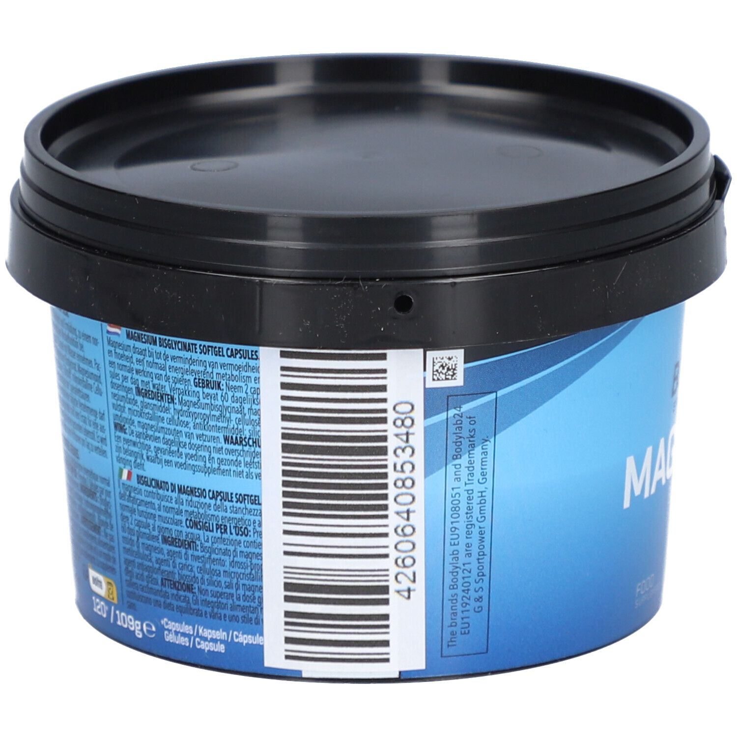 Dos du pot de BODYLAB® Magnesiumbisglycinate. Code-barres et informations textuelles sur fond bleu.