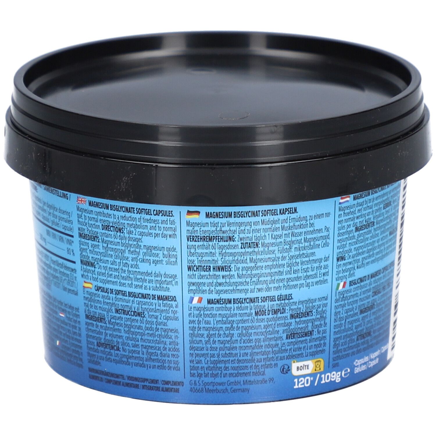 Dos du pot de BODYLAB® Magnesiumbisglycinate. Informations textuelles multilingues sur fond bleu.