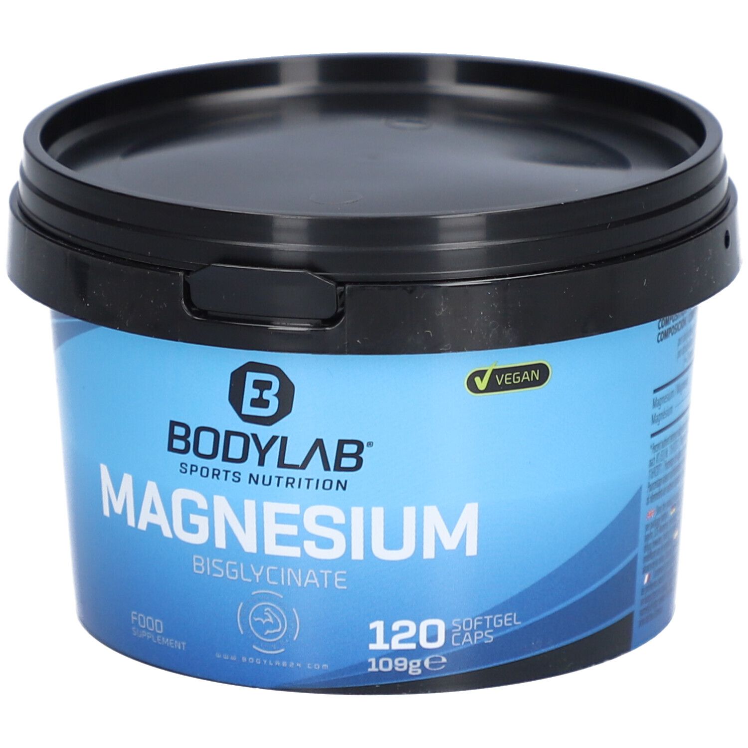Pot de BODYLAB® Magnesiumbisglycinate. Couvercle noir, emballage bleu. Label Vegan. 120 capsules molles.
