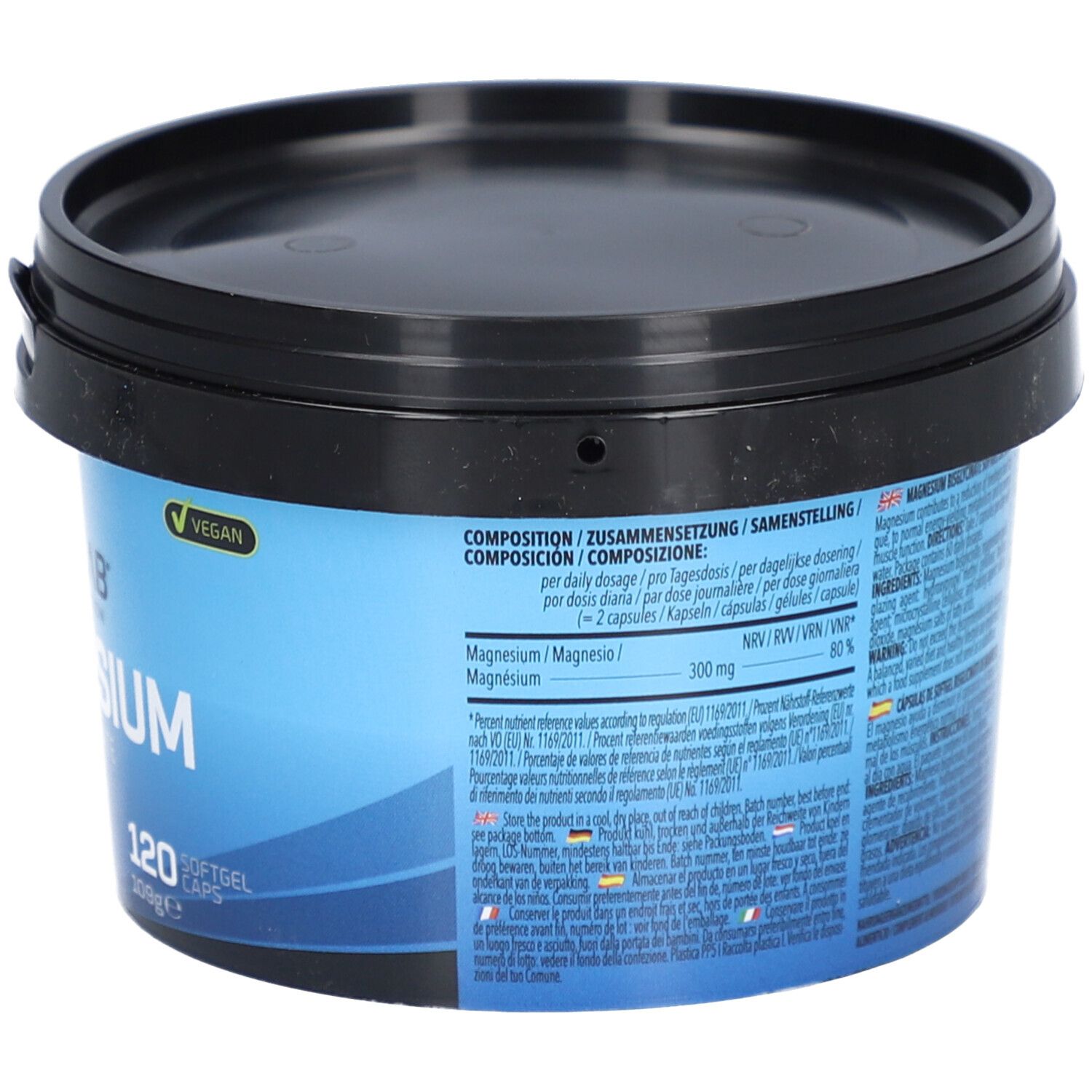 Pot de BODYLAB® Magnesiumbisglycinate. Couvercle noir, emballage bleu. Label Vegan. 120 capsules molles. Composition.