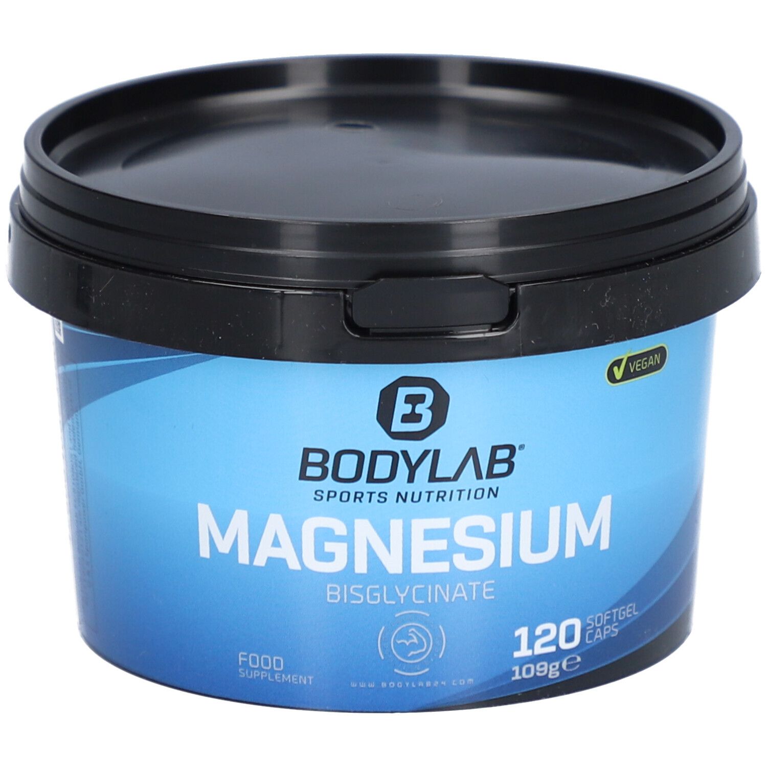 Pot de BODYLAB® Magnesiumbisglycinate. Couvercle noir, emballage bleu. Label Vegan. 120 capsules molles.