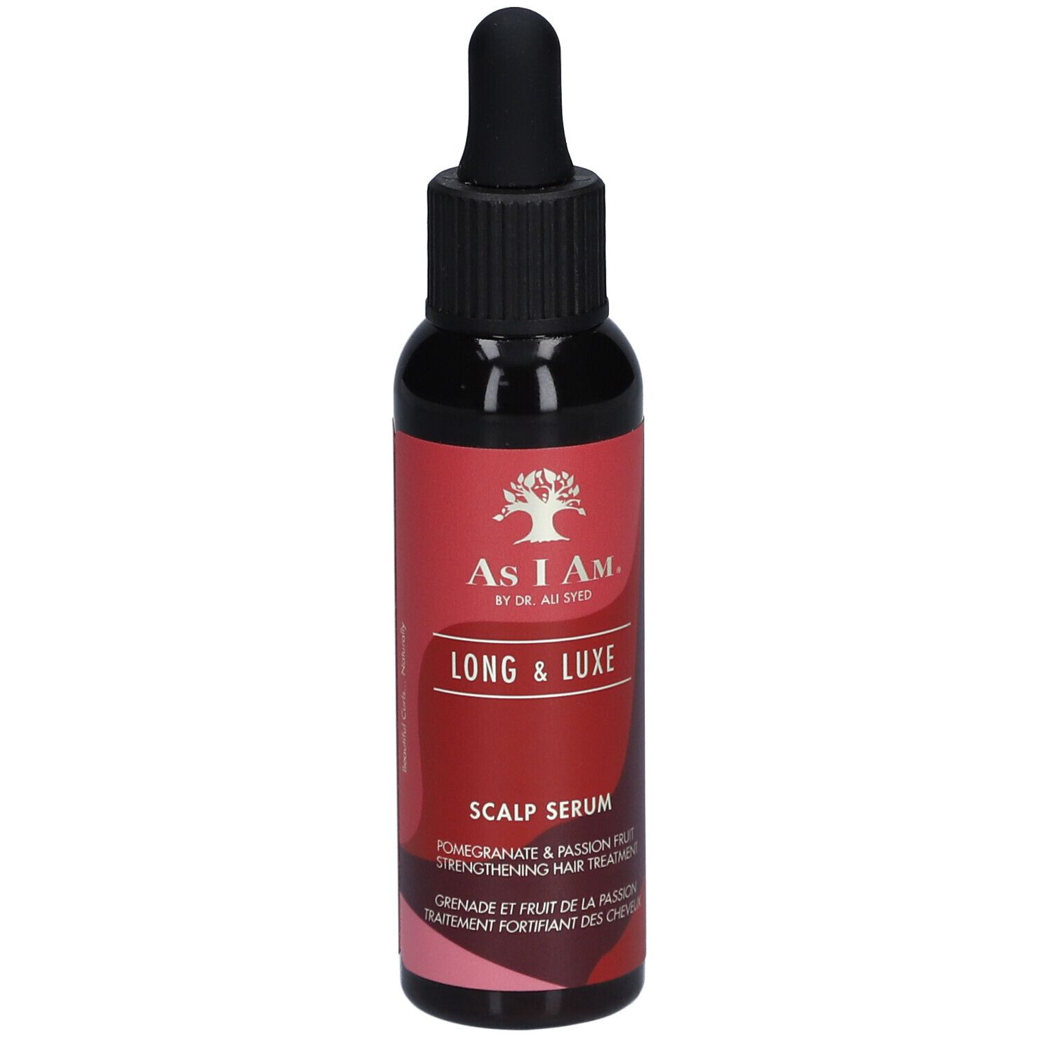 Flacon foncé avec bouchon noir et pipette. Étiquette rouge avec texte: Long & Luxe Scalp Serum.