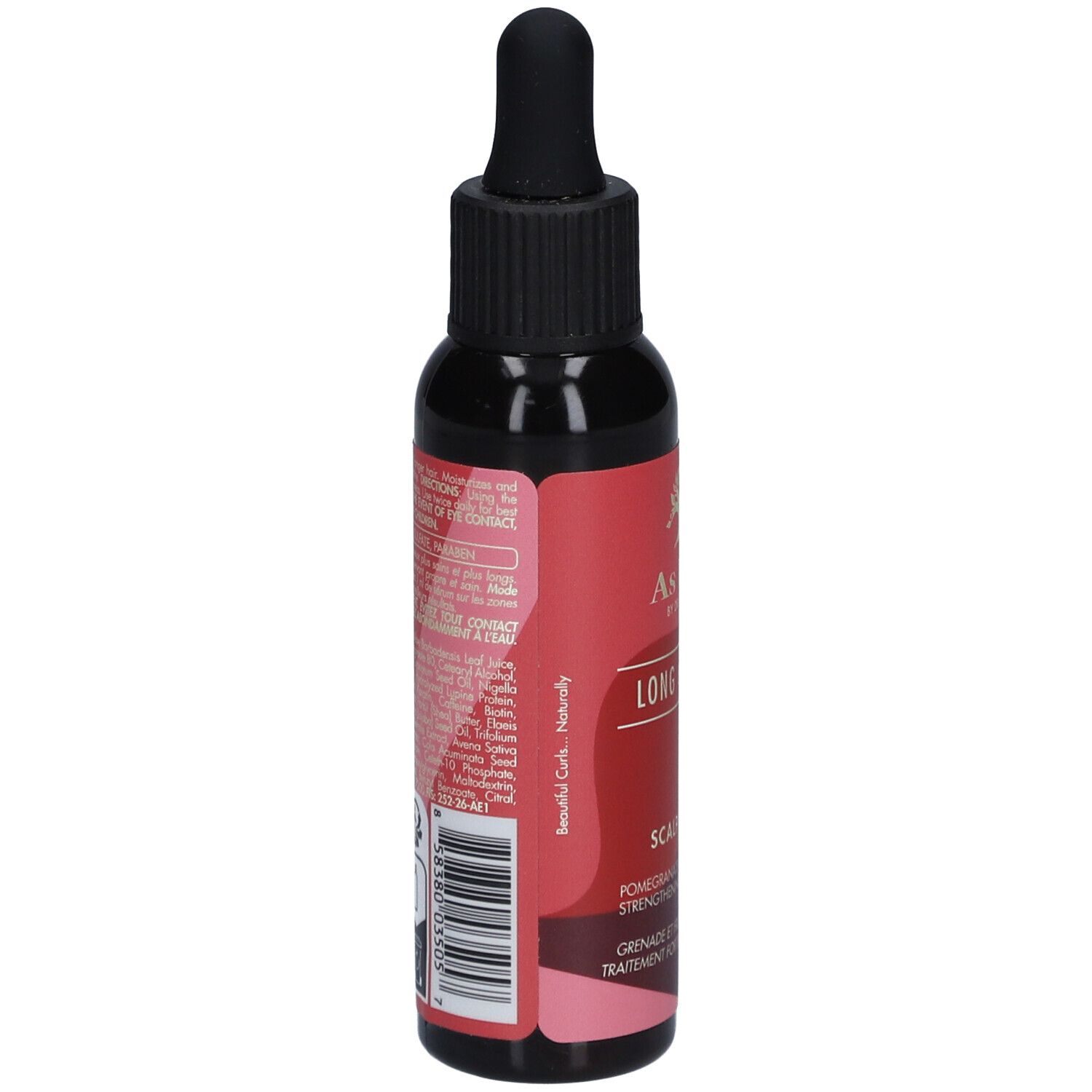 Flacon foncé, vue latérale. Étiquette rouge avec texte et code-barres. Bouchon noir avec pipette.
