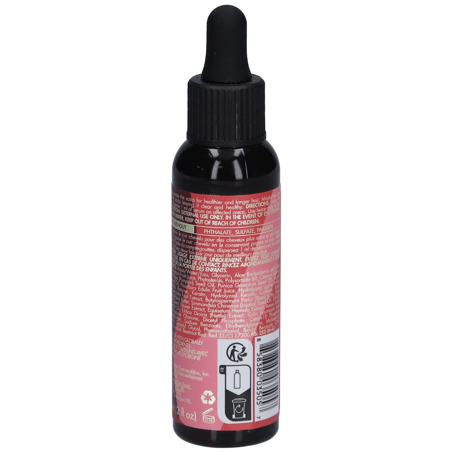 Flacon foncé, vue latérale. Étiquette rouge avec texte et pictogrammes. Bouchon noir avec pipette.