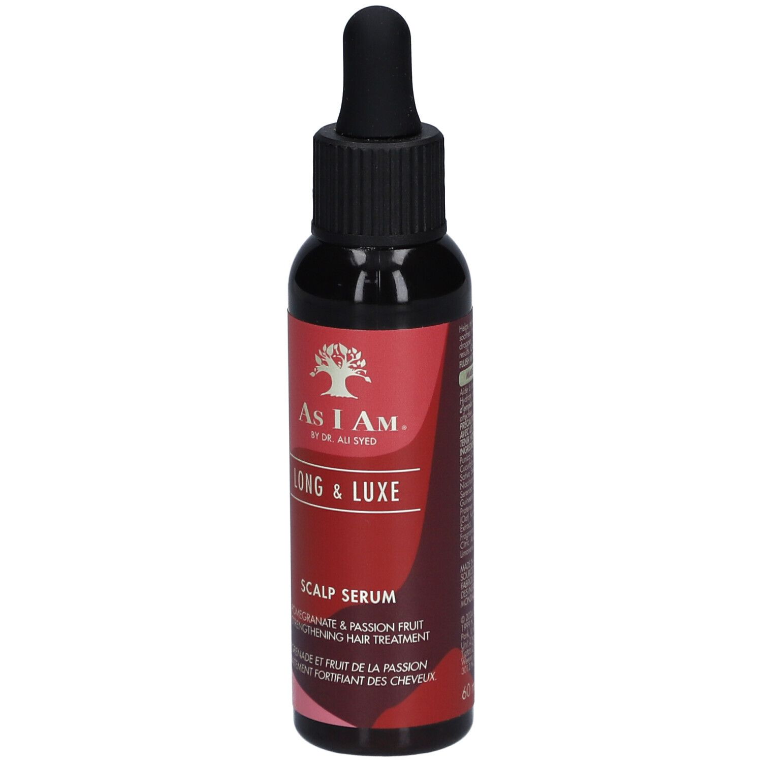 Flacon foncé avec bouchon noir et pipette. Étiquette rouge avec texte: Long & Luxe Scalp Serum.