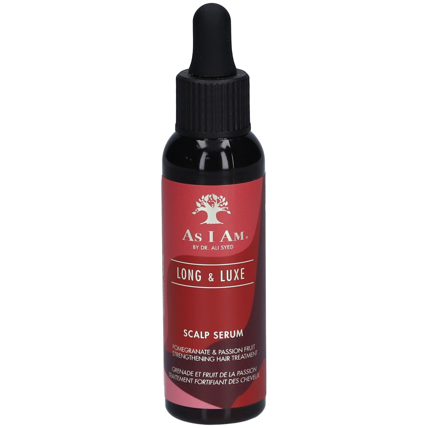 Flacon foncé avec bouchon noir et pipette. Étiquette rouge avec texte: Long & Luxe Scalp Serum.