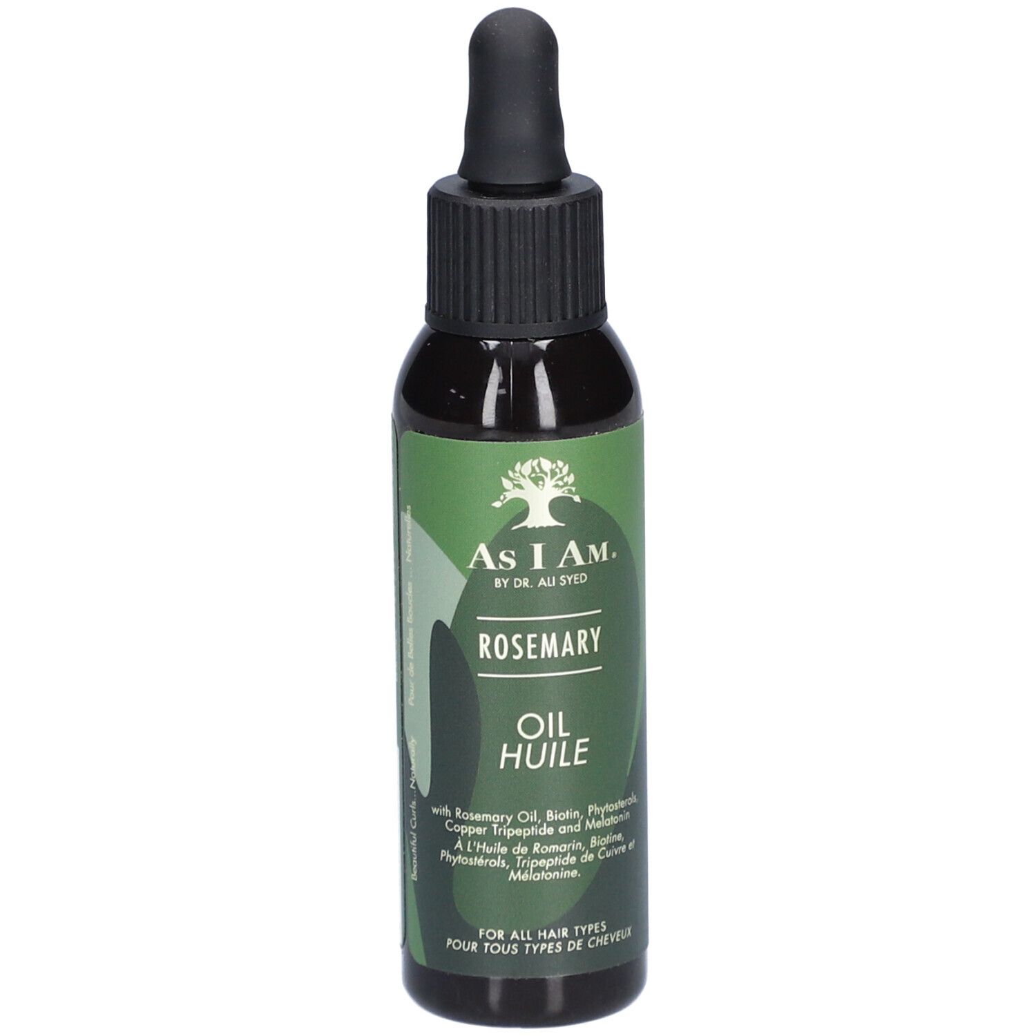 Flacon vert foncé avec bouchon noir et pipette. Inscription: AS I AM, Rosemary Oil. Pour tous types de cheveux.
