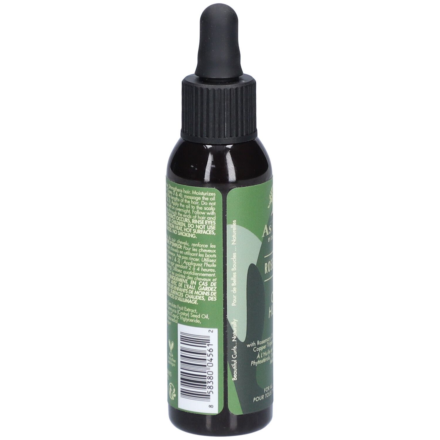 Flacon vert foncé avec bouchon noir et pipette. Inscription: AS I AM, Rosemary Oil. Contient de l'huile de romarin, biotine.