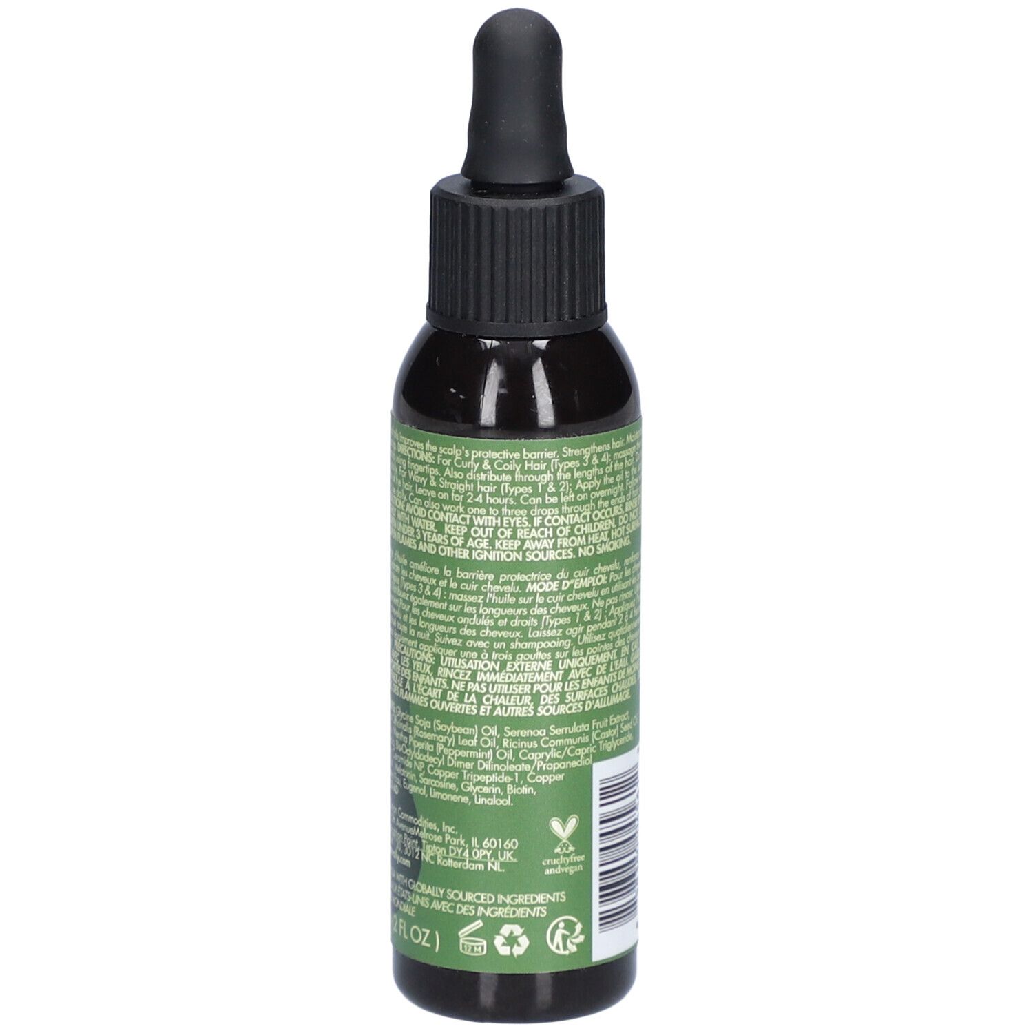 Flacon vert foncé avec bouchon noir et pipette. Inscription: AS I AM, Rosemary Oil. Contient de l'huile de romarin, biotine.
