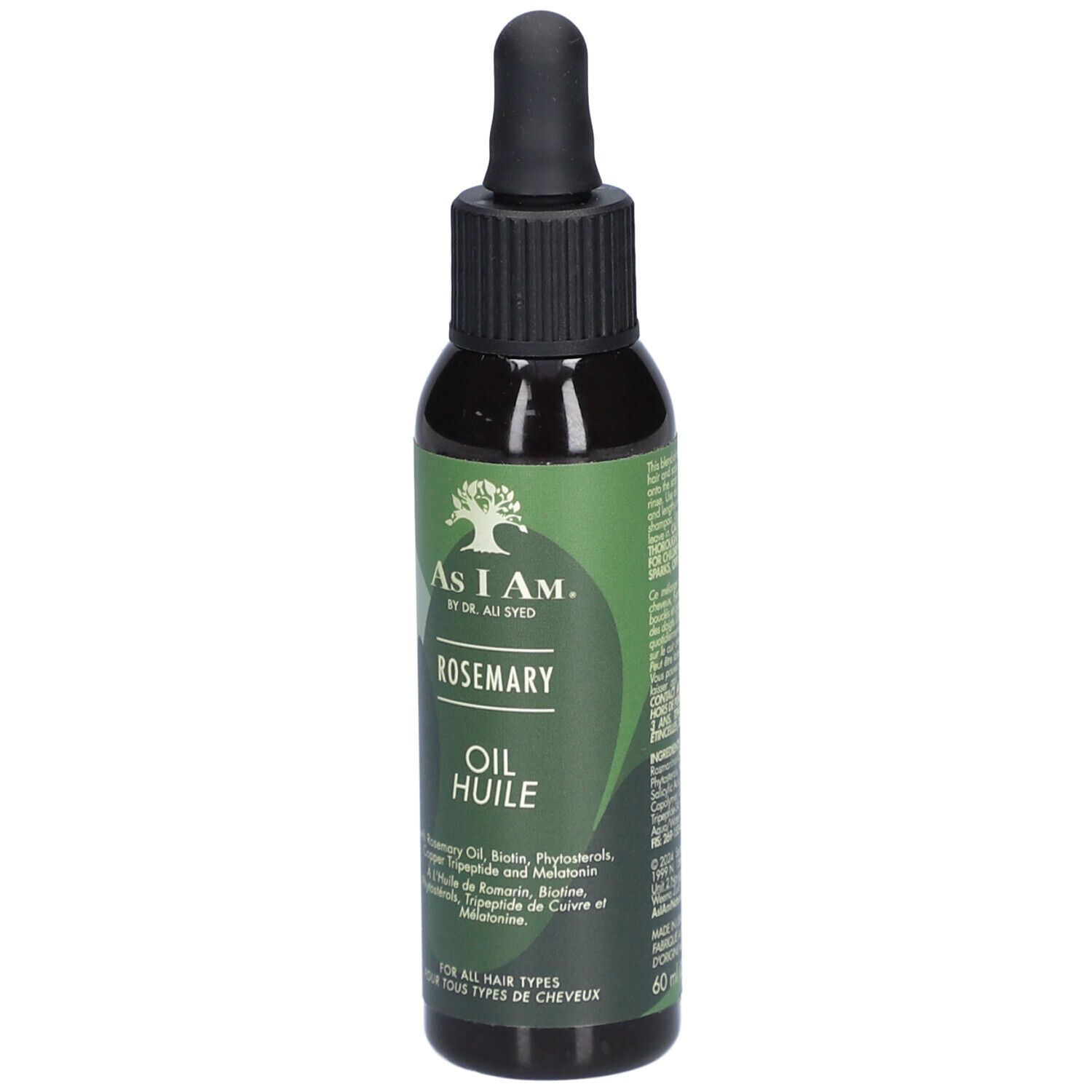 Flacon vert foncé avec bouchon noir et pipette. Inscription: AS I AM, Rosemary Oil. 60ml. Pour tous types de cheveux.