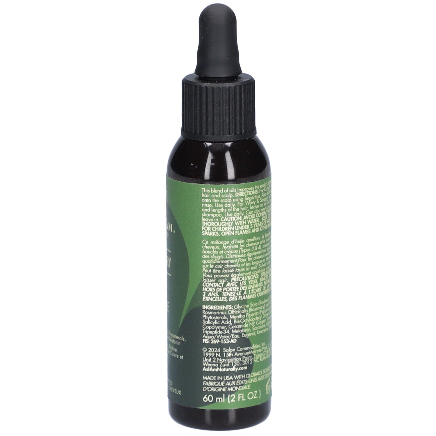 Flacon vert foncé avec bouchon noir et pipette. Inscription: AS I AM, Rosemary Oil. 60ml. Ingrédients.