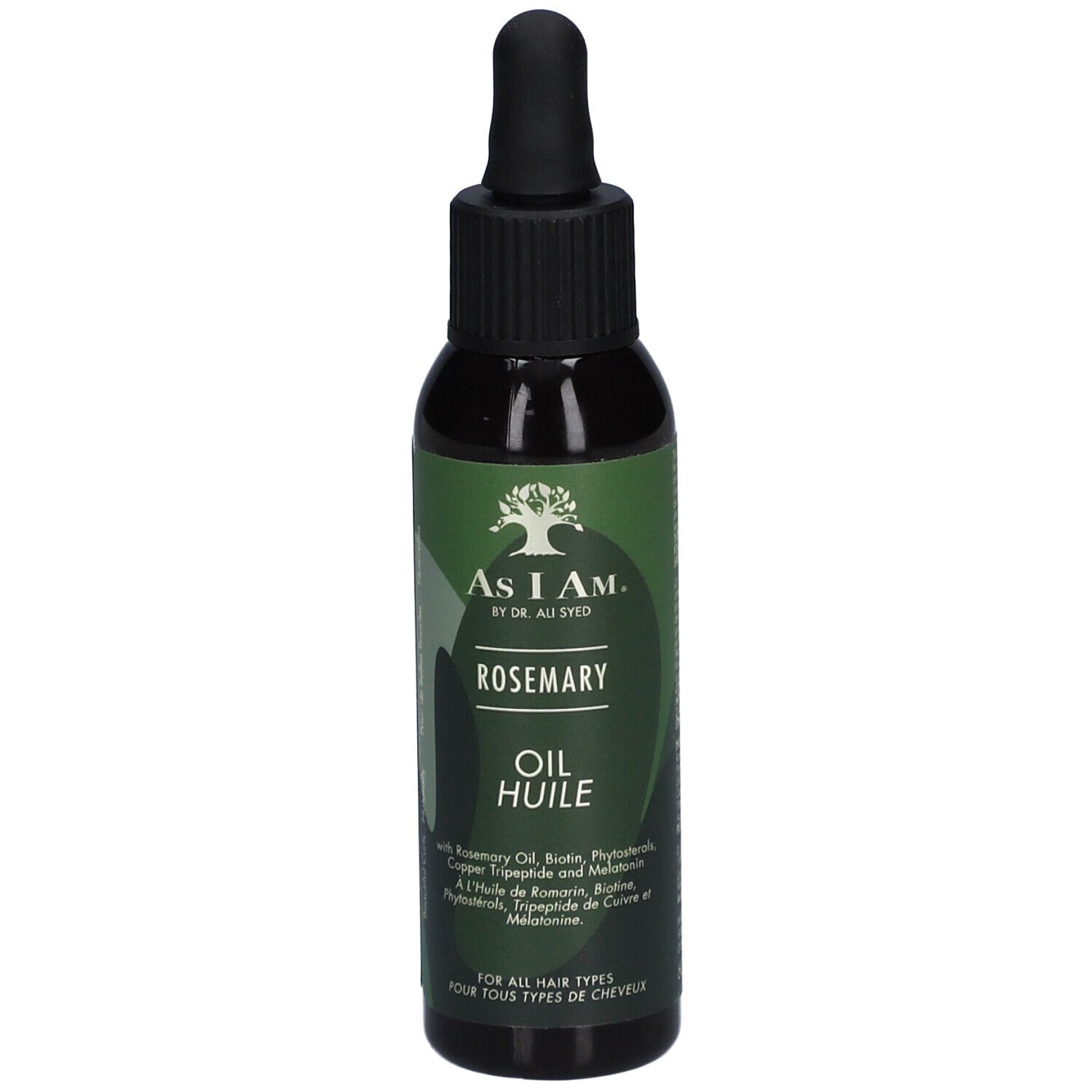 Flacon vert foncé avec bouchon noir et pipette. Inscription: AS I AM, Rosemary Oil. Pour tous types de cheveux.