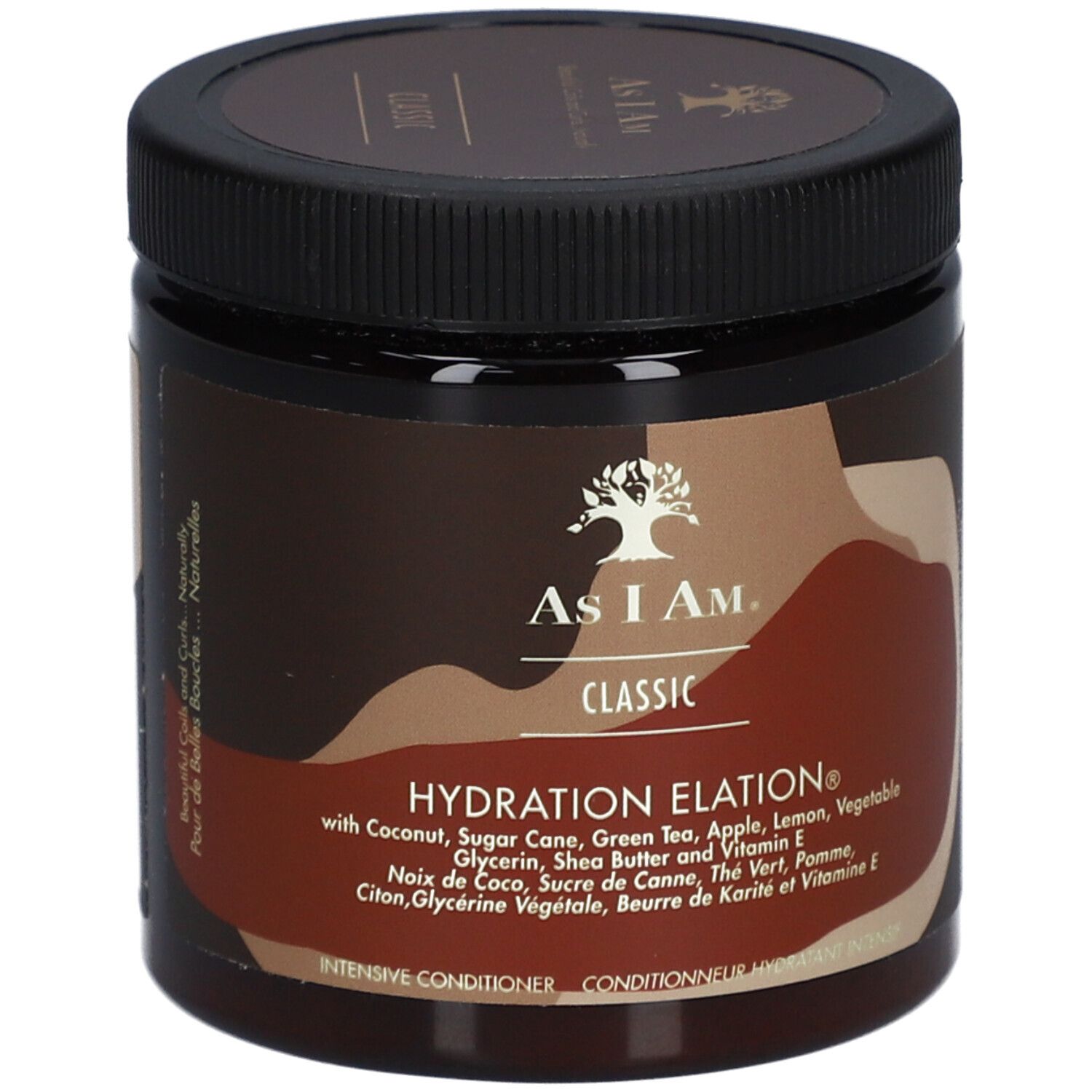 Pot marron avec couvercle noir. Inscription : AS I AM, Classic, Hydration Elation. Contient de la noix de coco et du beurre de karité.