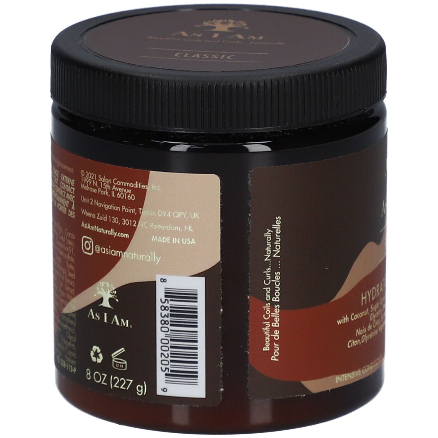 Dos du pot marron avec couvercle noir. Contient des informations sur les ingrédients, le fabricant et le code-barres.