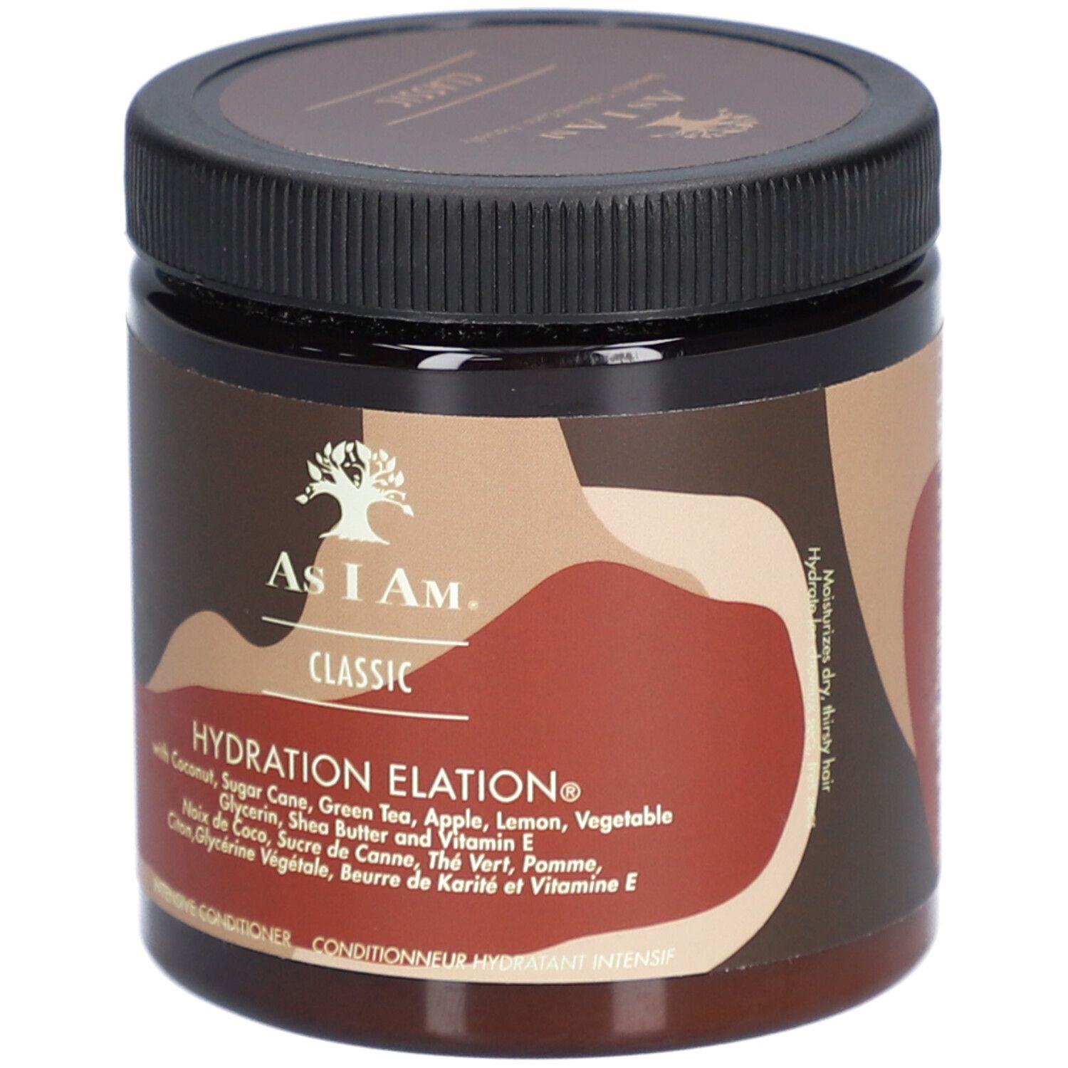Pot marron avec couvercle noir. Inscription : AS I AM, Classic, Hydration Elation. Contient de la noix de coco et du beurre de karité.