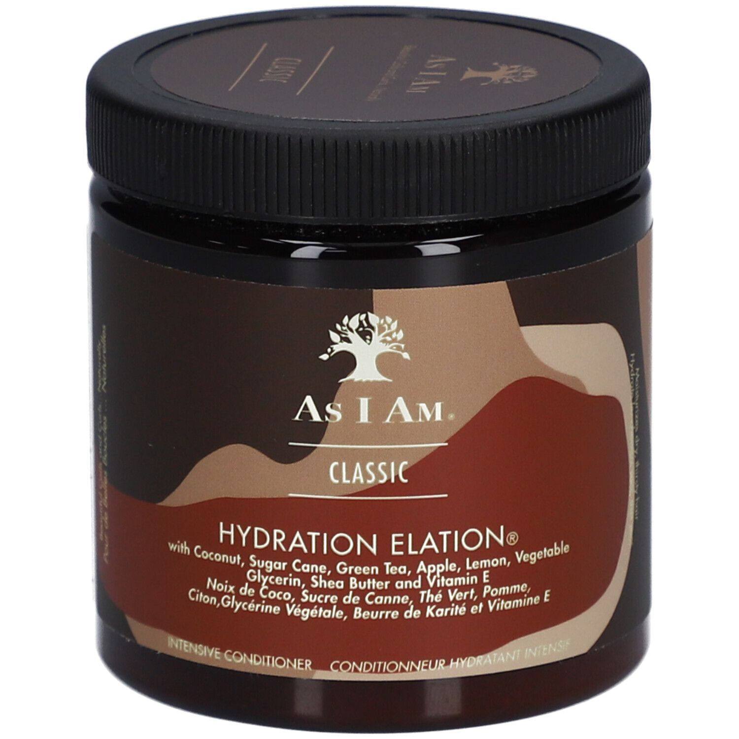 Pot marron avec couvercle noir. Inscription : AS I AM, Classic, Hydration Elation. Contient de la noix de coco et du beurre de karité.