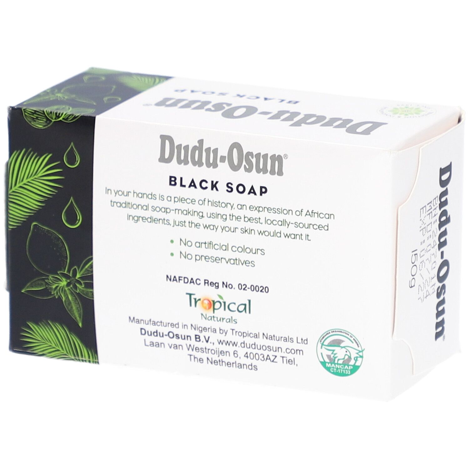 Emballage de savon noir Dudu-Osun. Boîte blanche avec informations. Côté noir avec motifs végétaux.