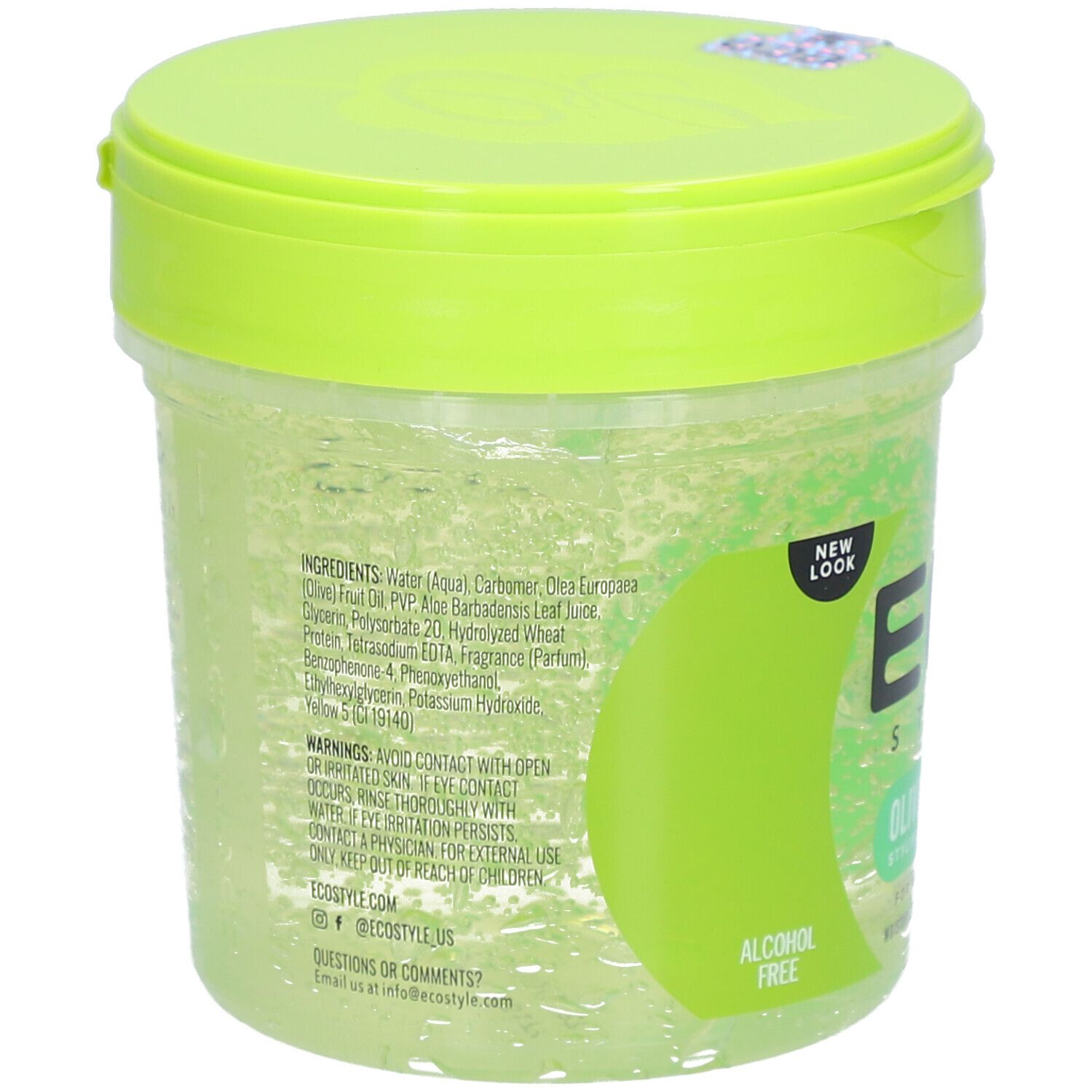 Pot rond avec couvercle vert. Inscription ECO STYLE OLIVE OIL STYLING GEL. Liste des ingrédients au dos. Sans alcool.