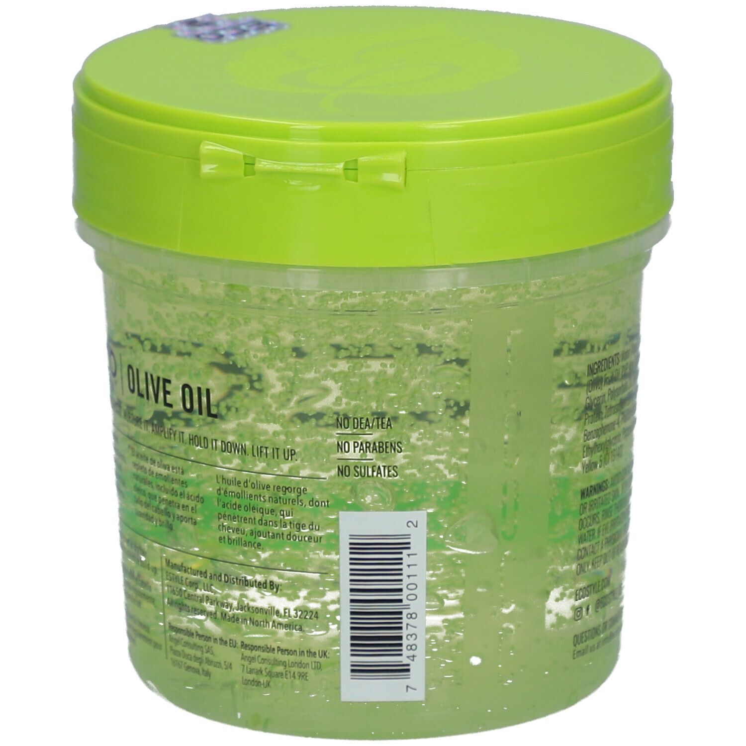 Pot rond avec couvercle vert. Inscription ECO STYLE OLIVE OIL STYLING GEL. Code-barres et texte au dos. Sans parabènes.