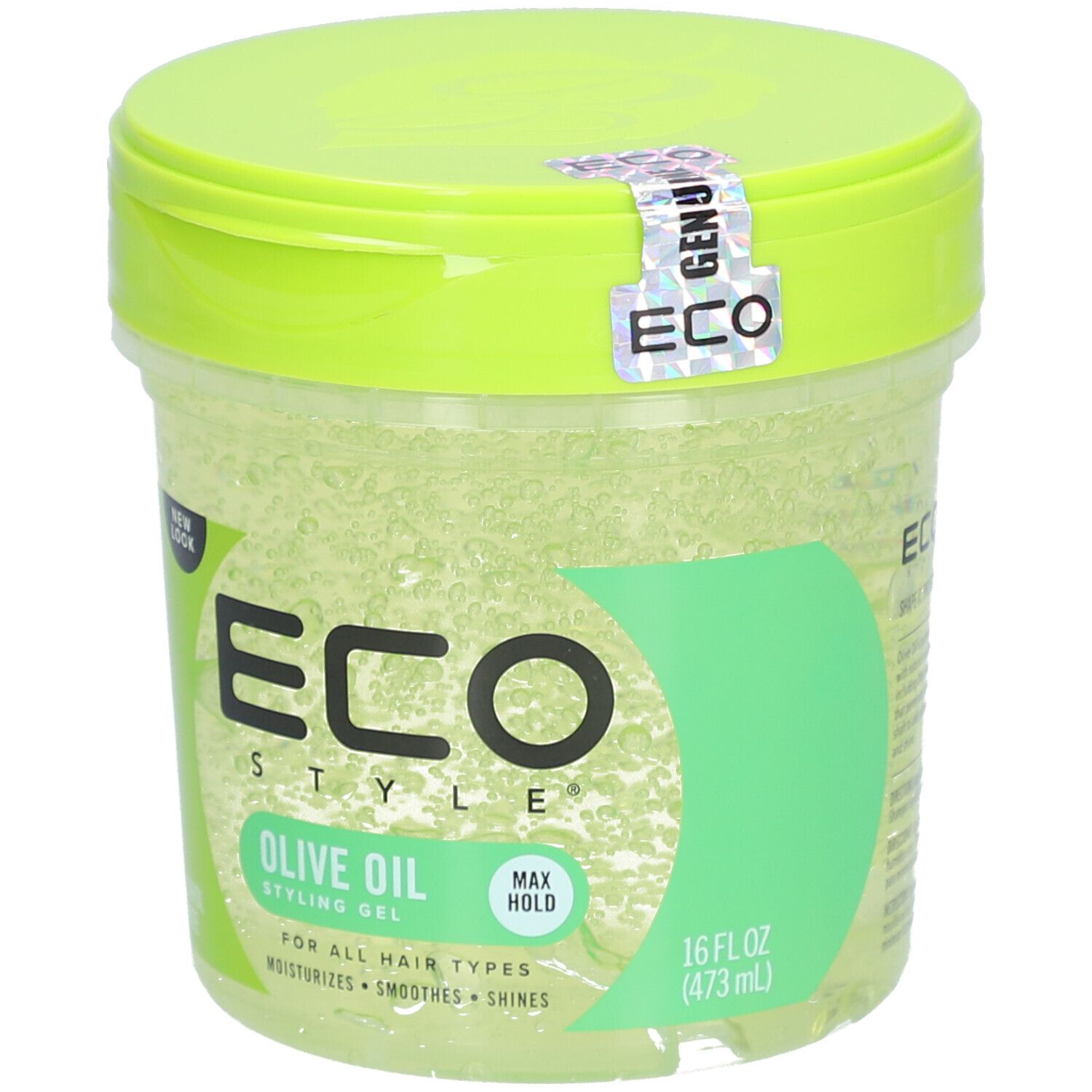 Pot rond avec couvercle vert. Autocollant avec logo ECO. Inscription ECO STYLE OLIVE OIL STYLING GEL. Pour tous types de cheveux.