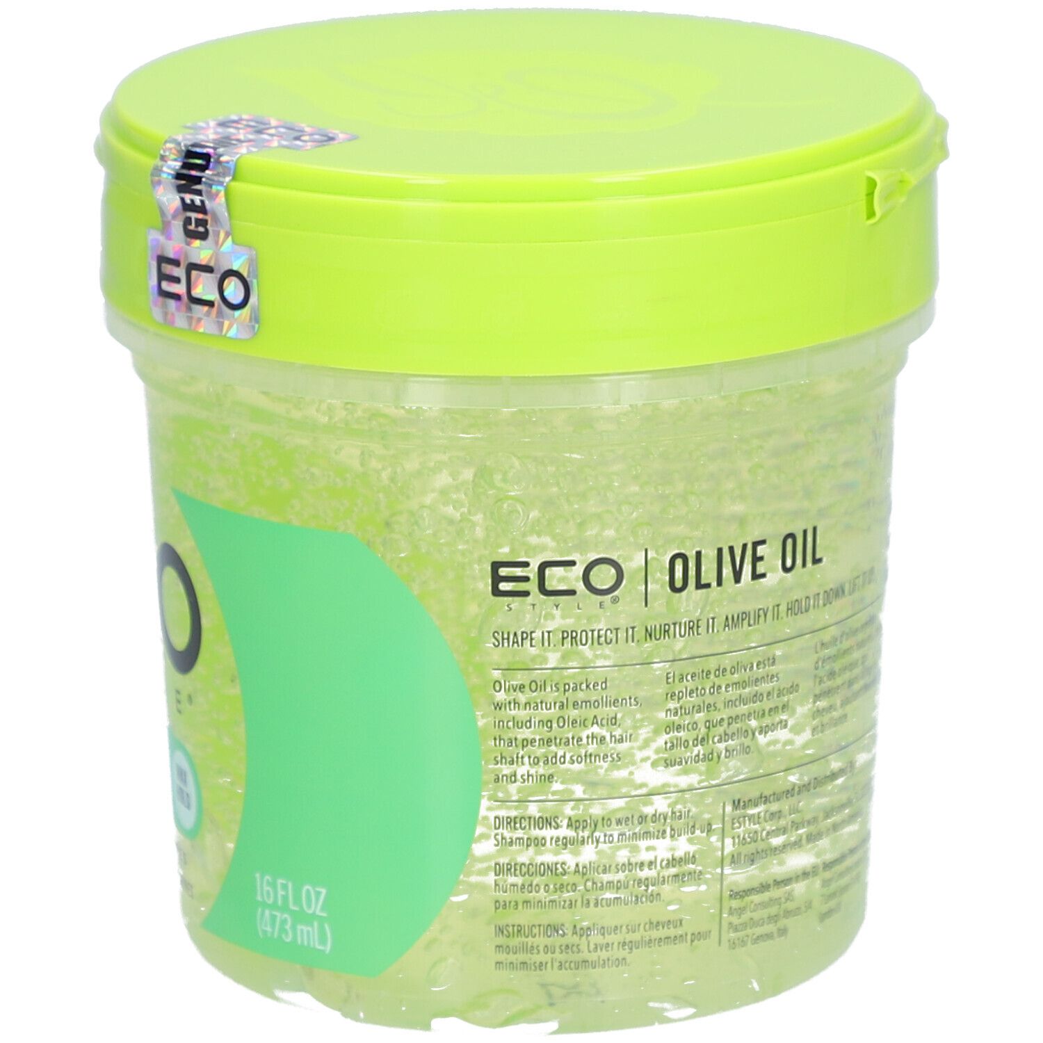 Pot rond avec couvercle vert. Autocollant avec logo ECO. Inscription ECO STYLE OLIVE OIL STYLING GEL. 16 fl oz (473 ml).