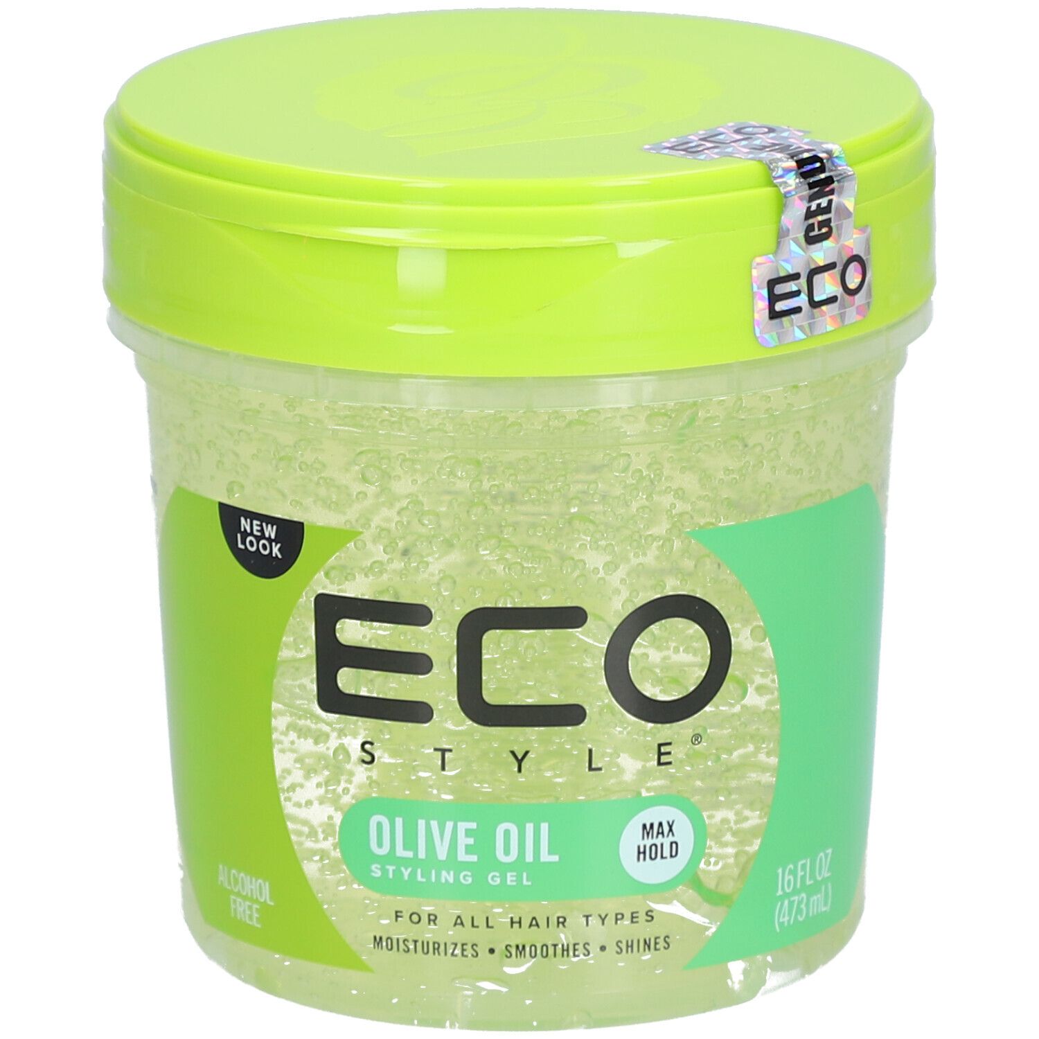 Pot rond avec couvercle vert. Autocollant avec logo ECO. Inscription ECO STYLE OLIVE OIL STYLING GEL. Pour tous types de cheveux.