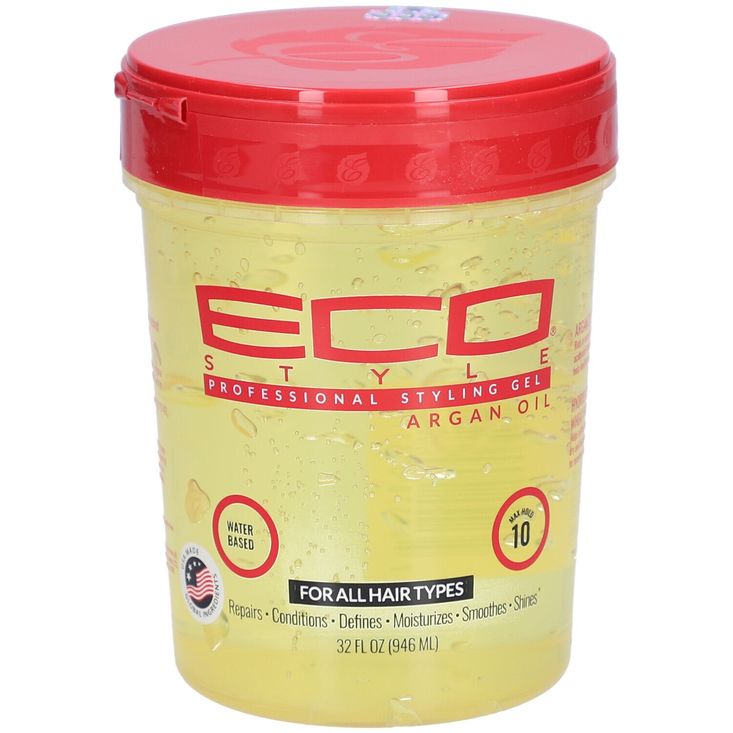 Récipient de gel avec couvercle rouge. Inscription : ECO STYLE, Styling Gel, Argan Oil. Pour tous types de cheveux. À base d'eau. 10.