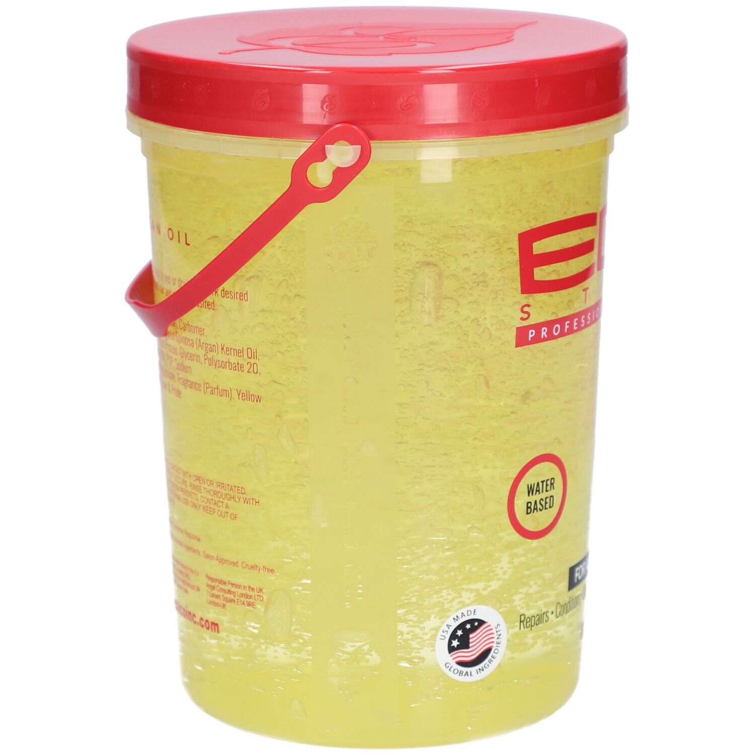 Récipient de gel jaune avec couvercle et poignée rouges. Inscription : ECO STYLE PROFESSIONAL STYLING GEL ARGAN OIL. À base d'eau. Fabriqué aux États-Unis.