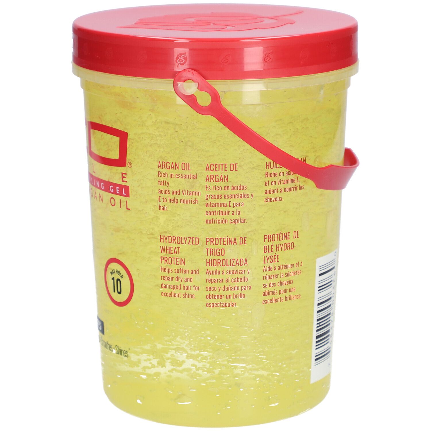 Récipient de gel jaune avec couvercle et poignée rouges. Inscription : ECO STYLE PROFESSIONAL STYLING GEL ARGAN OIL. À base d'eau. Max Hold 10. 80 FL OZ (2.3L).