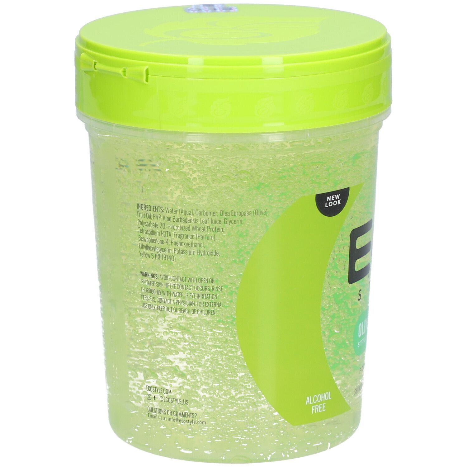 Vue arrière du gel coiffant ECO STYLE à l'huile d'olive, vert. Récipient transparent, couvercle vert. Texte avec ingrédients.