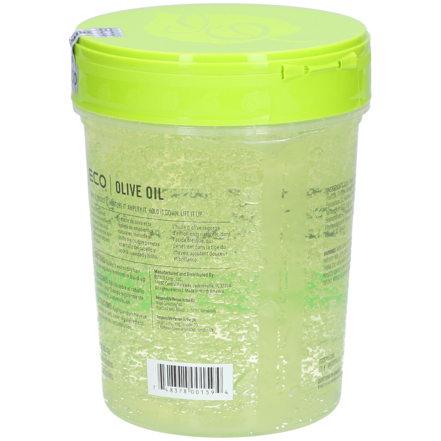 Vue arrière du gel coiffant ECO STYLE à l'huile d'olive, vert. Récipient transparent, couvercle vert. Code-barres et texte.