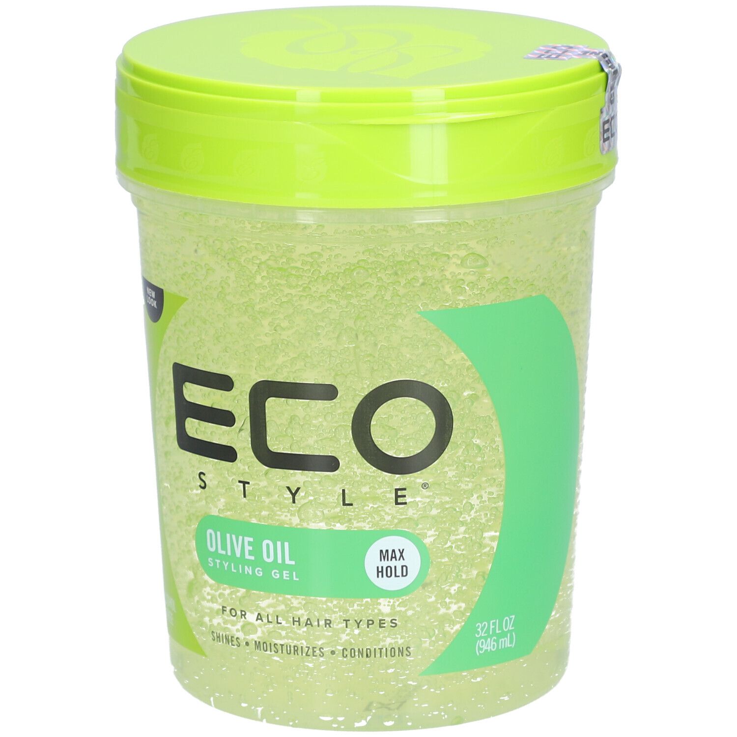 Gel coiffant ECO STYLE à l'huile d'olive, vert. Récipient transparent, couvercle vert. Inscription : MAX HOLD, 32 fl oz (946 ml).