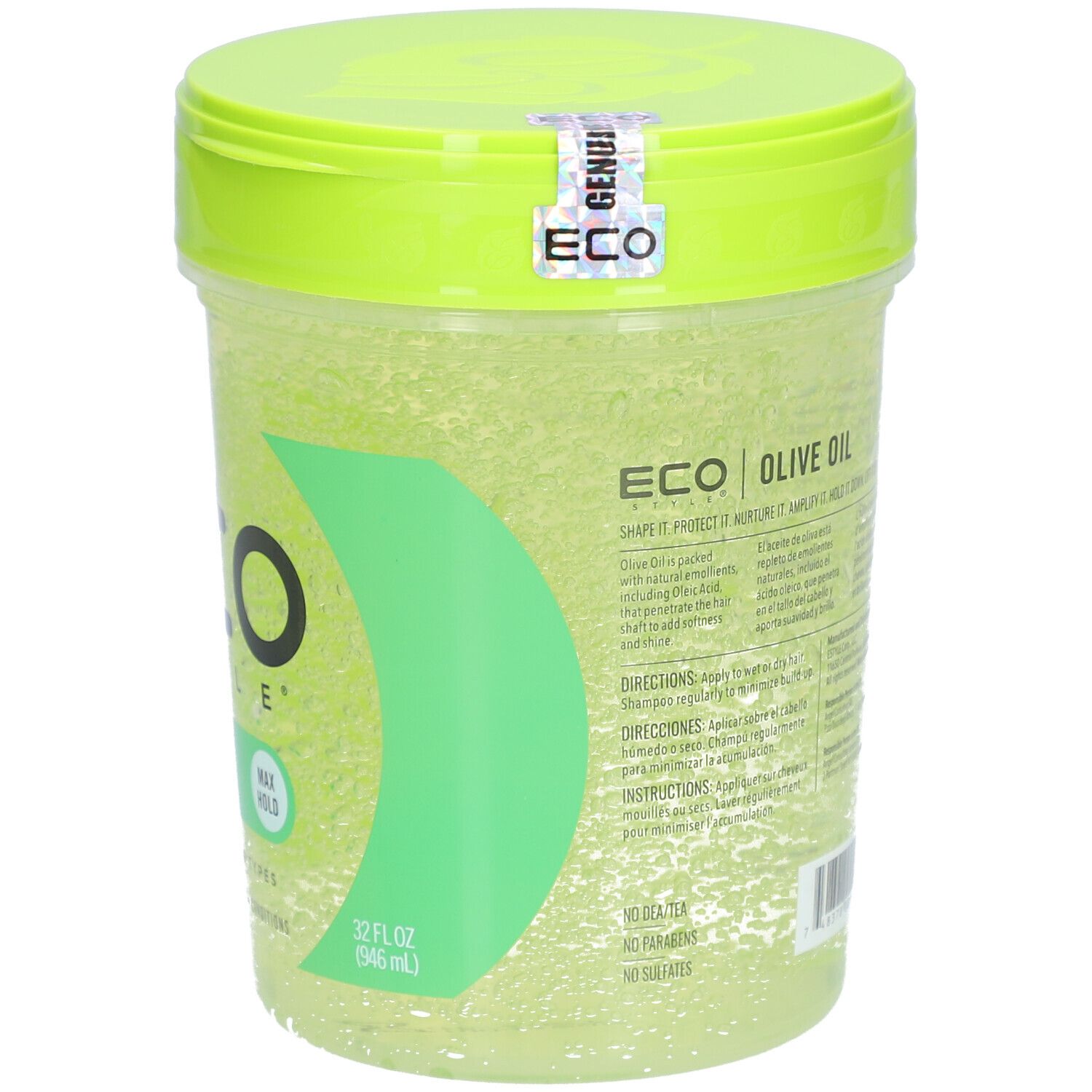Gel coiffant ECO STYLE à l'huile d'olive, vert. Récipient transparent, couvercle vert. Inscription : MAX HOLD, 32 fl oz (946 ml).
