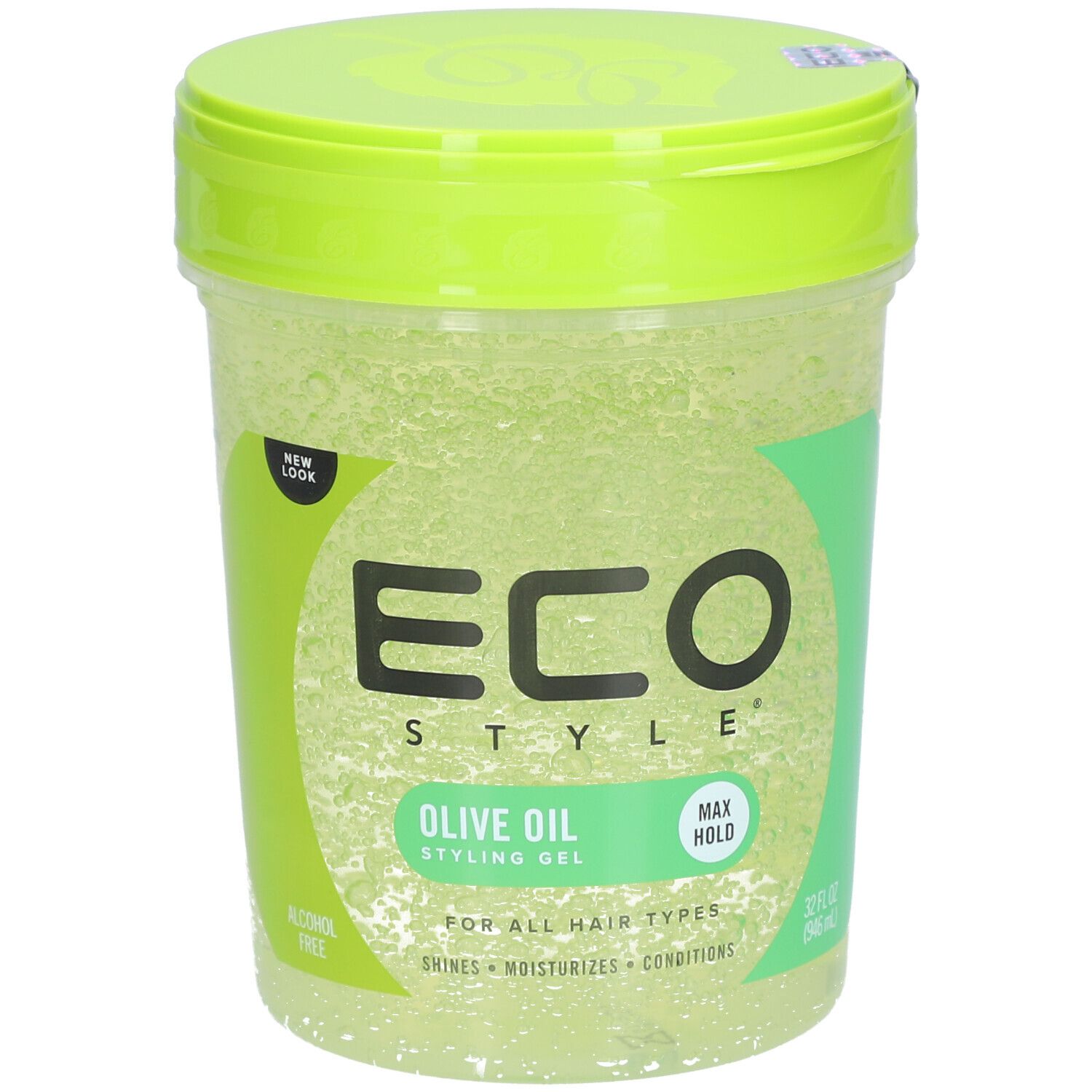 Gel coiffant ECO STYLE à l'huile d'olive, vert. Récipient transparent, couvercle vert. Inscription : MAX HOLD, SANS ALCOOL.