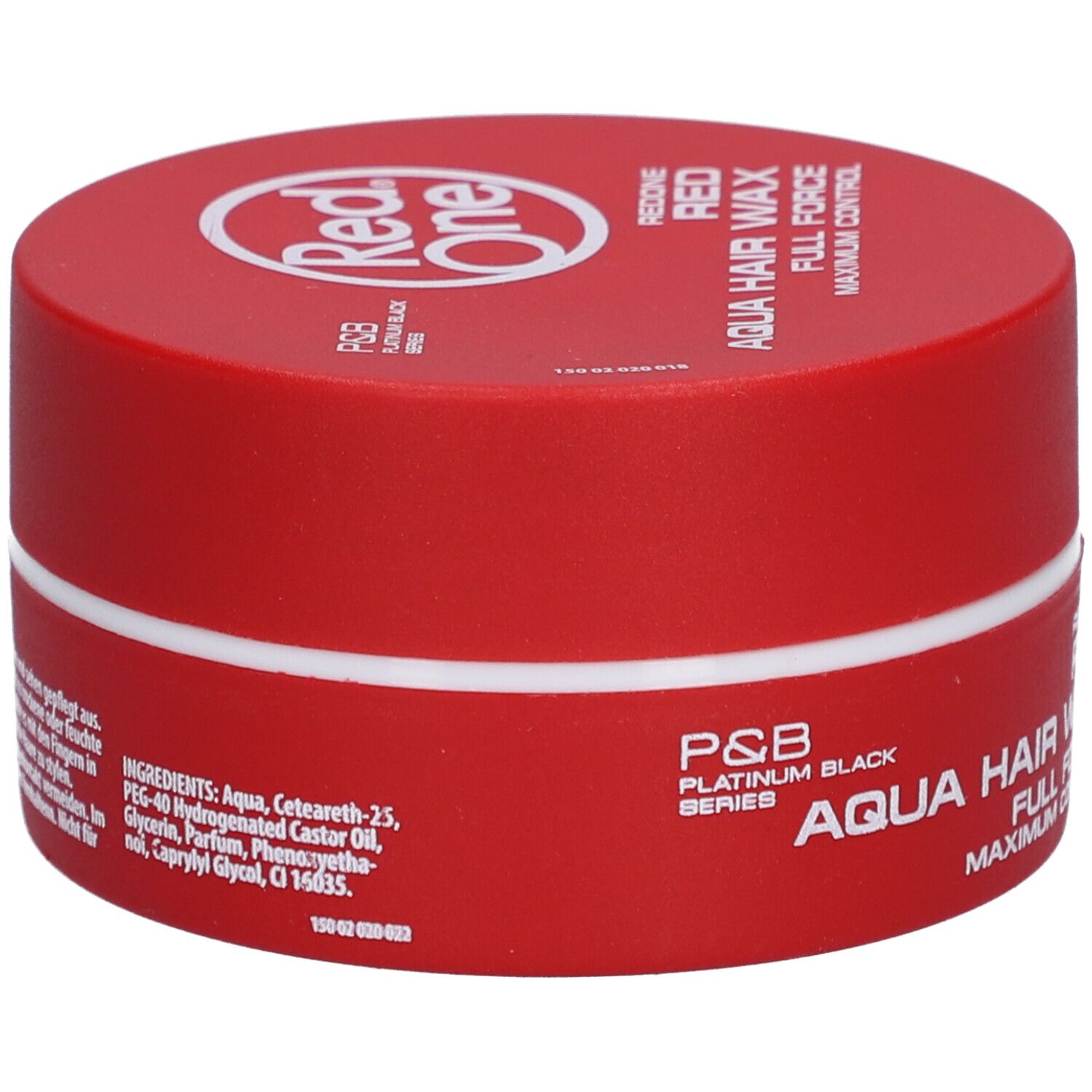 Pot rouge avec bord blanc. Inscription : Red One Aqua Hair Wax Full Force. Logo : Red One. Liste des ingrédients.