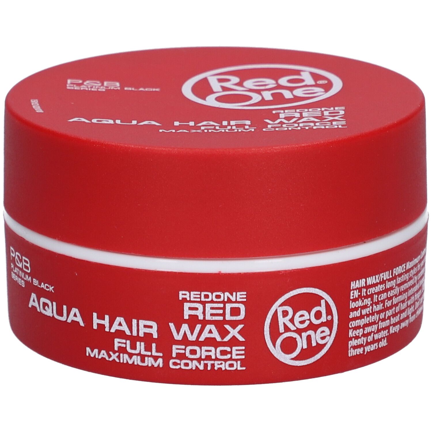 Pot rouge avec couvercle blanc. Inscription : Red One Aqua Hair Wax Full Force. Logo : Red One.