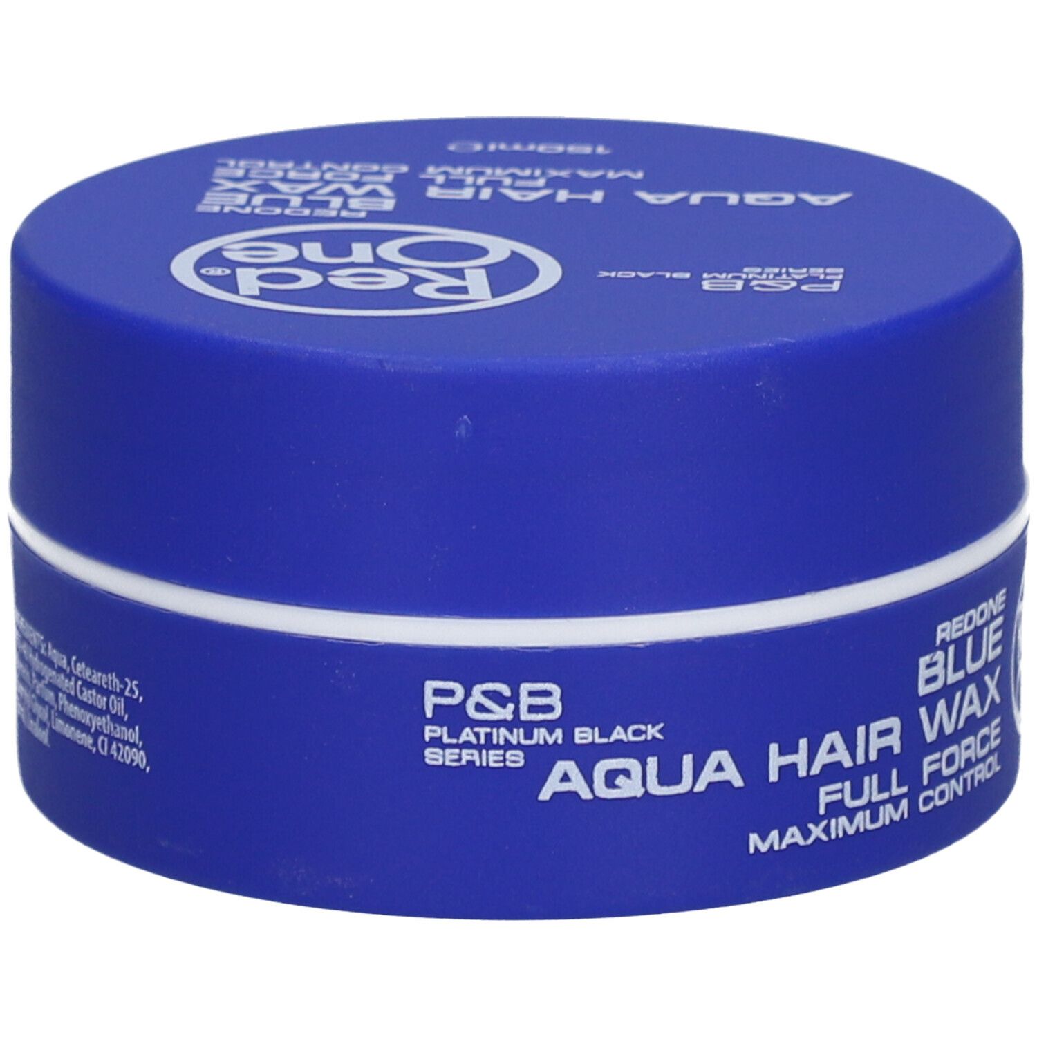 Pot bleu avec couvercle blanc. Inscription: Red One Aqua Hair Wax Blue Maximum Control. Texte en anglais et en allemand.