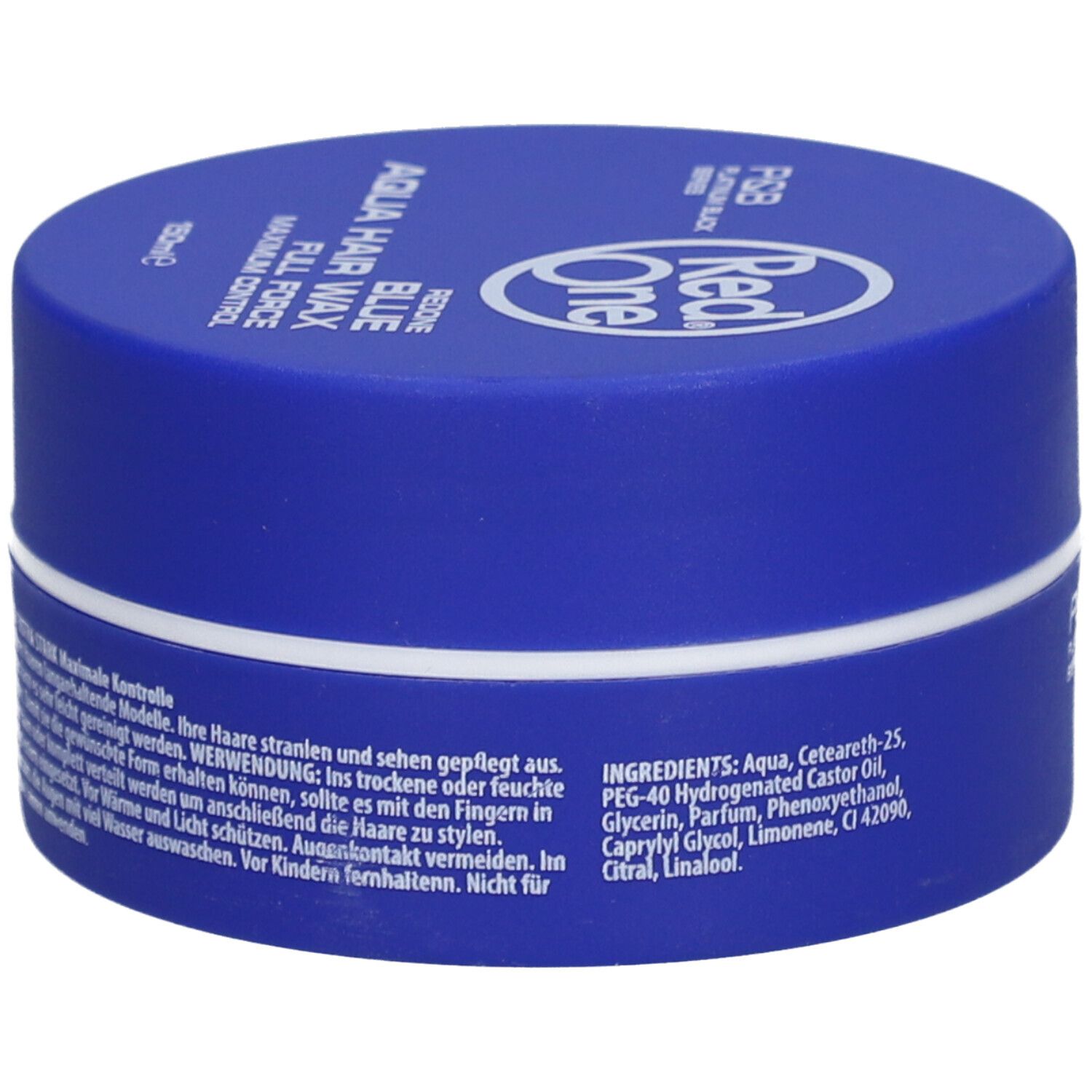 Pot bleu avec couvercle blanc. Inscription: Red One Aqua Hair Wax Blue Full Force Maximum Control. Liste des ingrédients.
