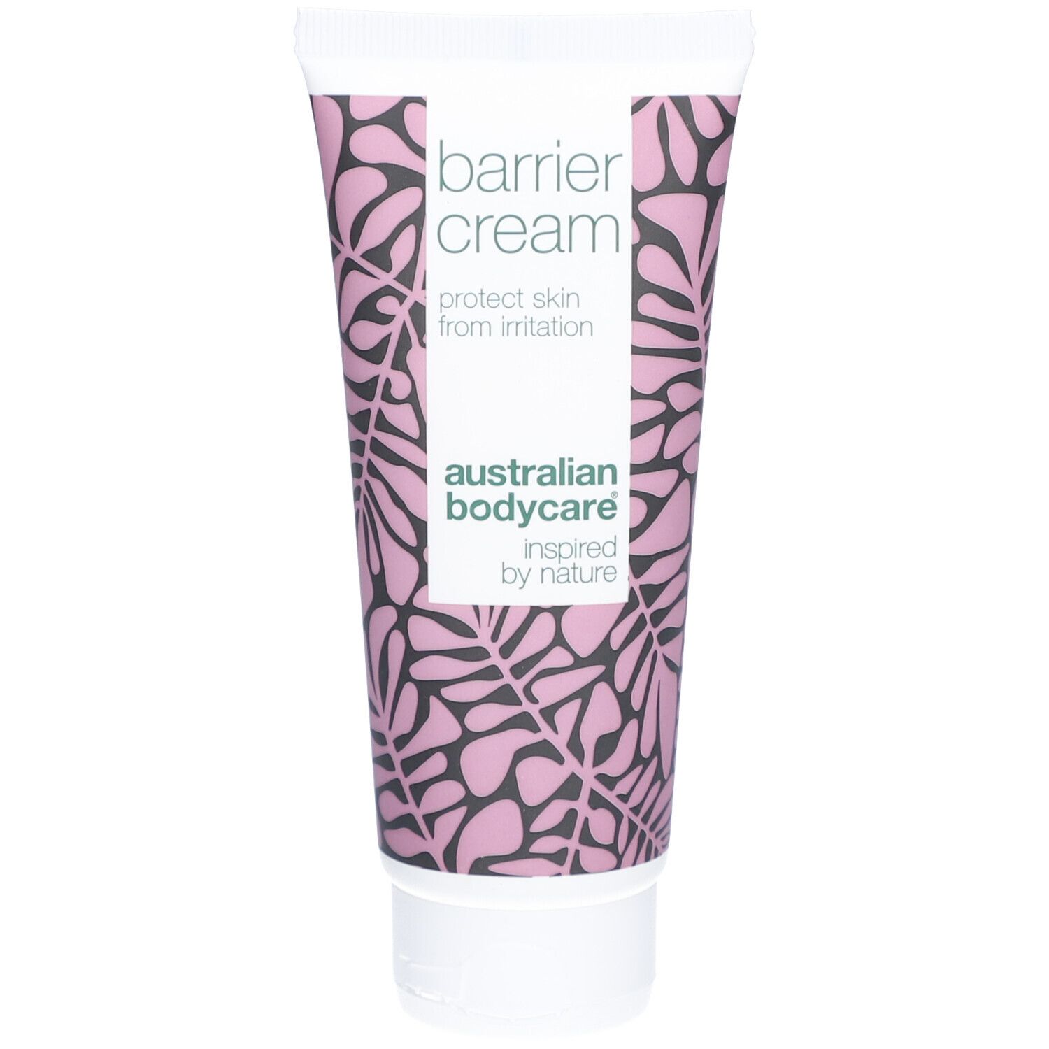Tube de crème barrière. Bouchon blanc, motif rose. Texte: Barrier Cream, protect skin from irritation. Australian Bodycare.