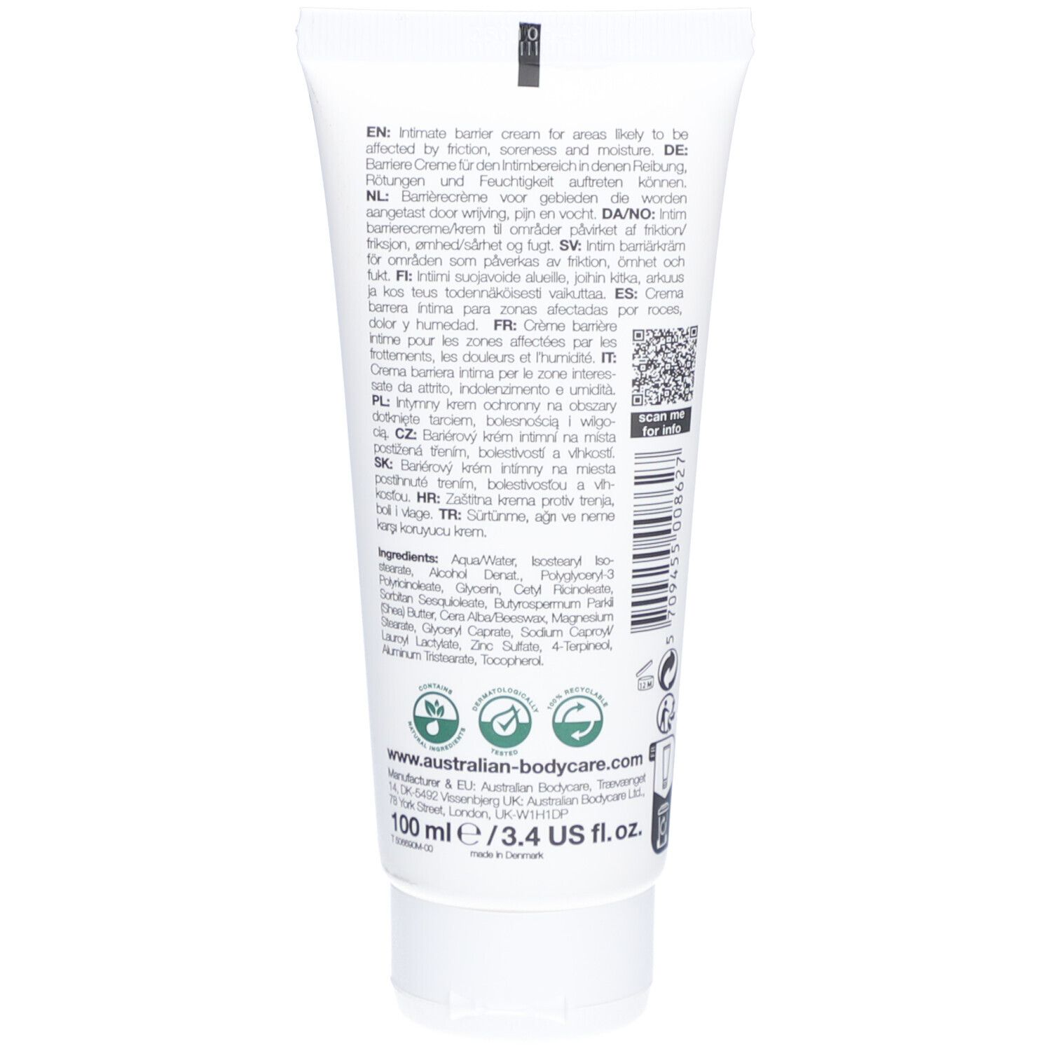 Dos du tube de crème barrière. Texte multilingue. Ingrédients, informations fabricant. Certifications.
