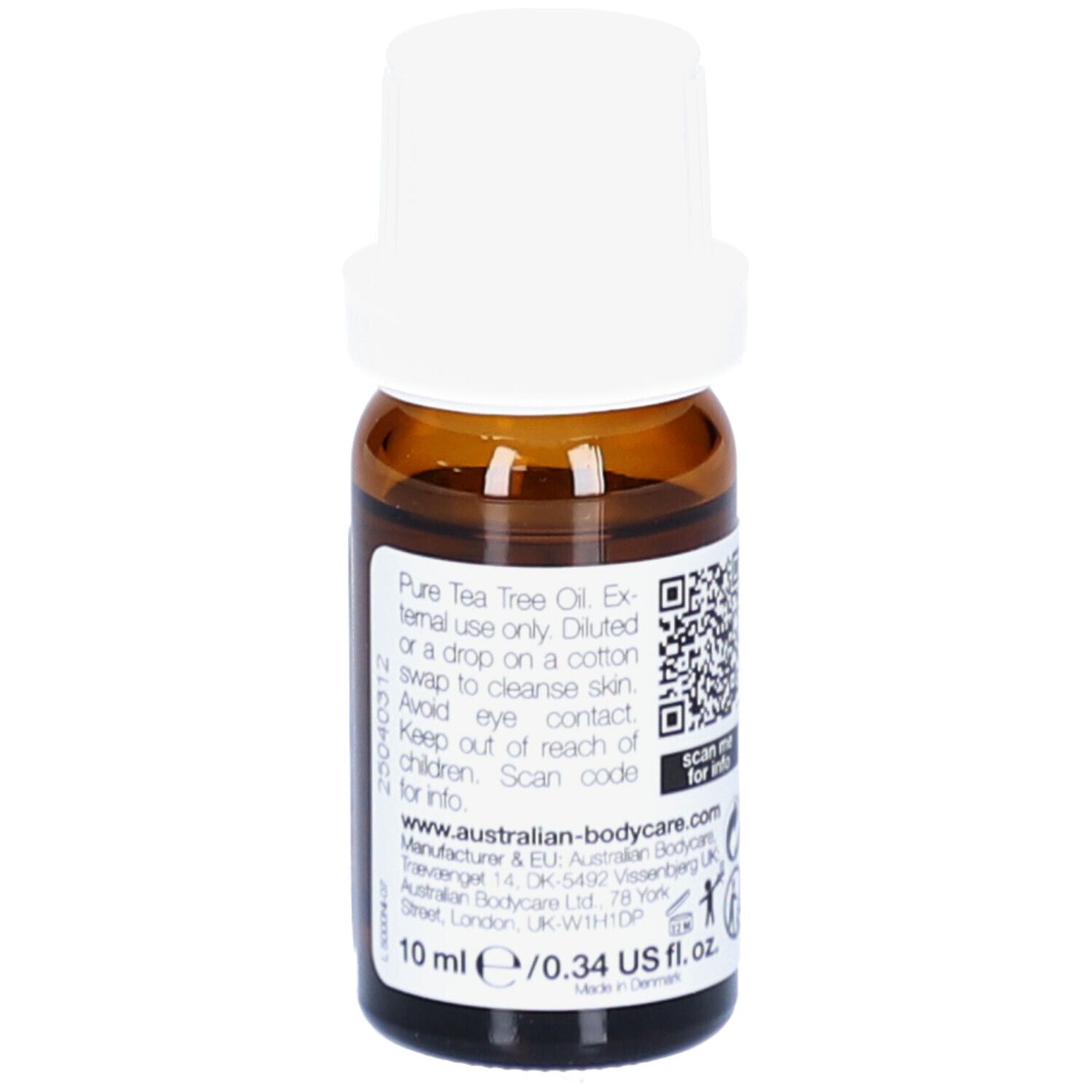 Flacon en verre brun avec bouchon blanc. Étiquette avec texte et code QR. 10 ml/0,34 US fl. oz. Fabriqué en Allemagne.
