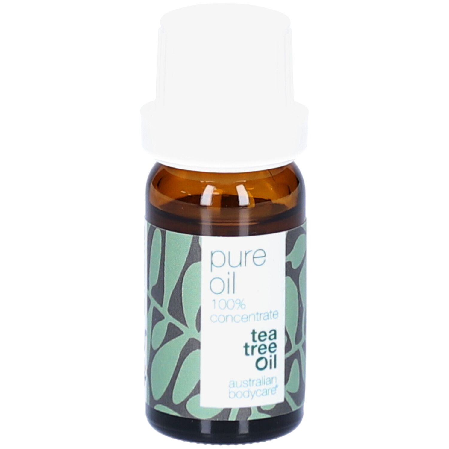 Flacon en verre brun avec bouchon blanc. Étiquette « pure oil 100% concentrate tea tree oil ».