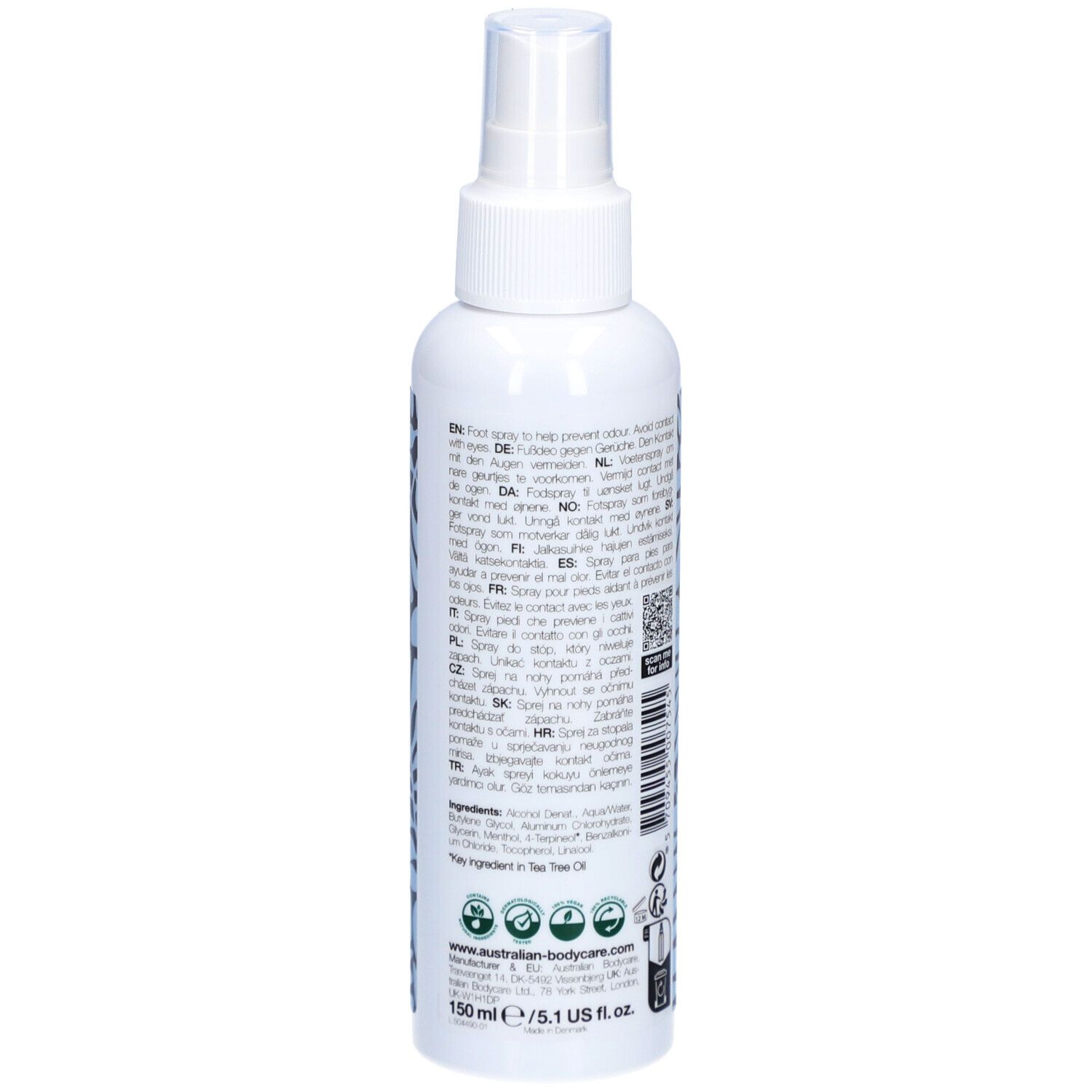 Flacon de spray pour les pieds blanc avec vaporisateur. Dos avec texte. Australian Bodycare, 150 ml.