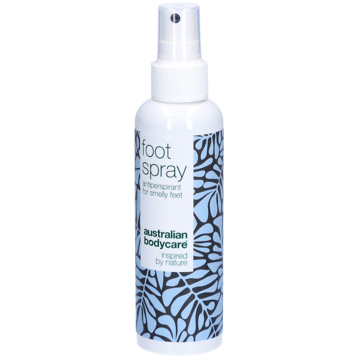 Flacon de spray pour pieds avec pompe et motif de feuilles.