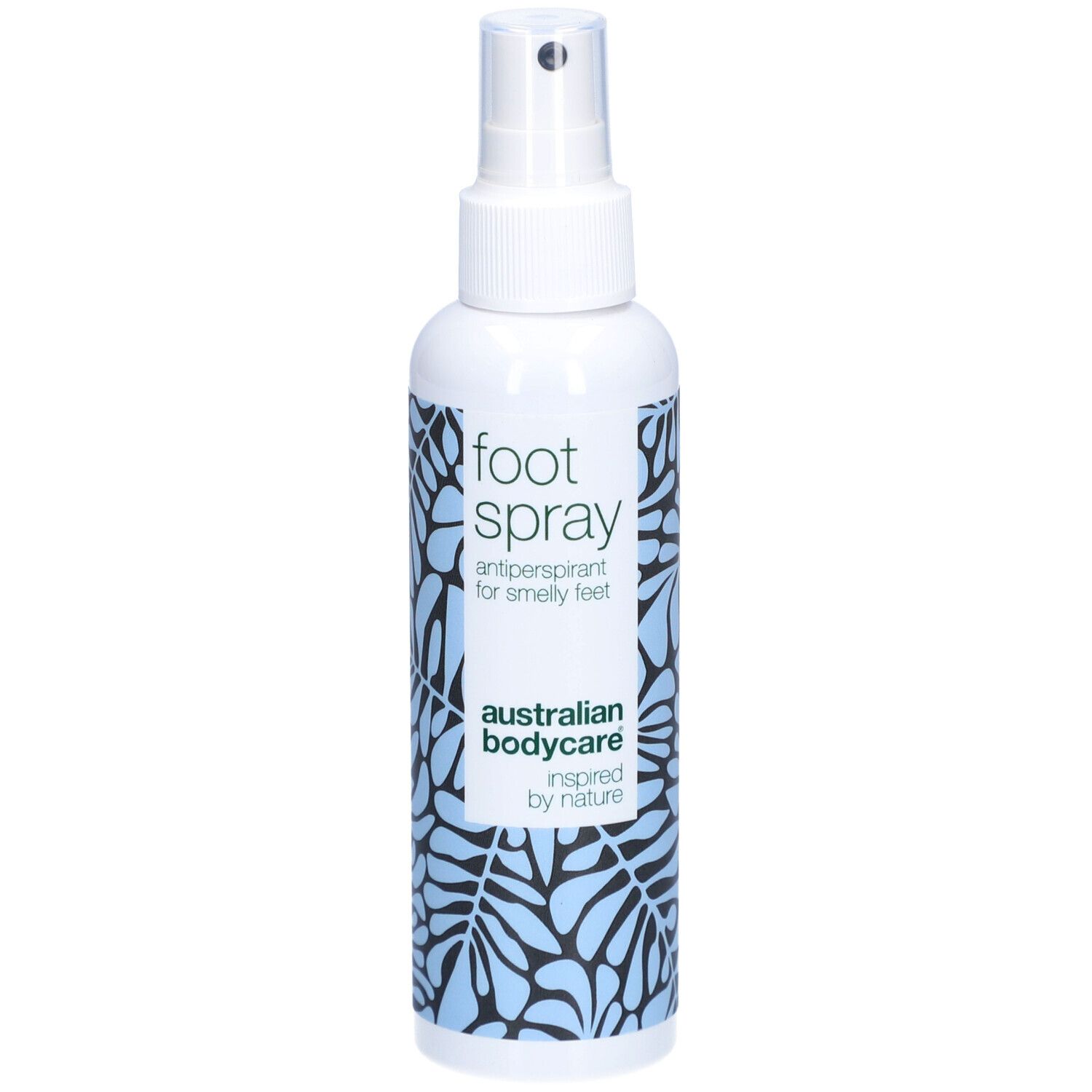 Flacon de spray pour pieds avec pompe et motif de feuilles.
