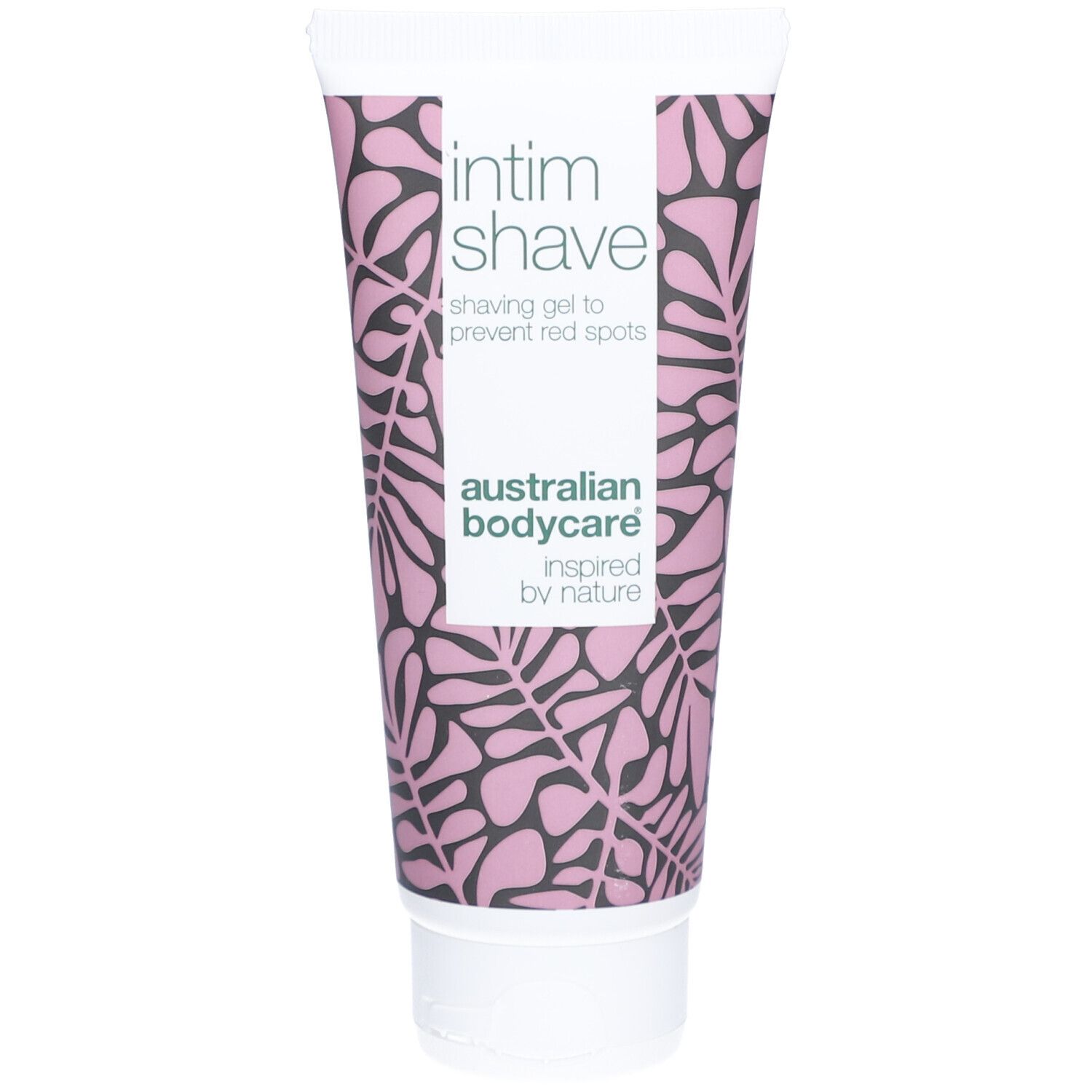 Tube Intim Shave, rose et blanc. Inscription : Intim shave, australian bodycare. Motif floral.