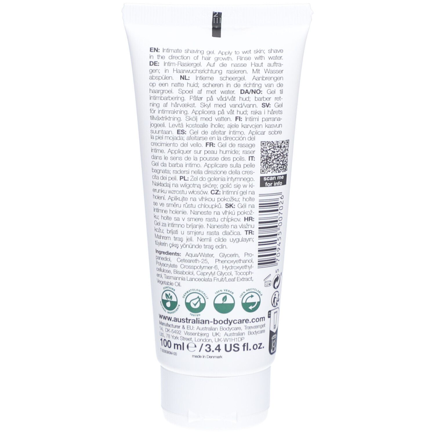 Dos du tube Intim Shave. Texte multilingue. Code QR. Ingrédients. 100 ml.