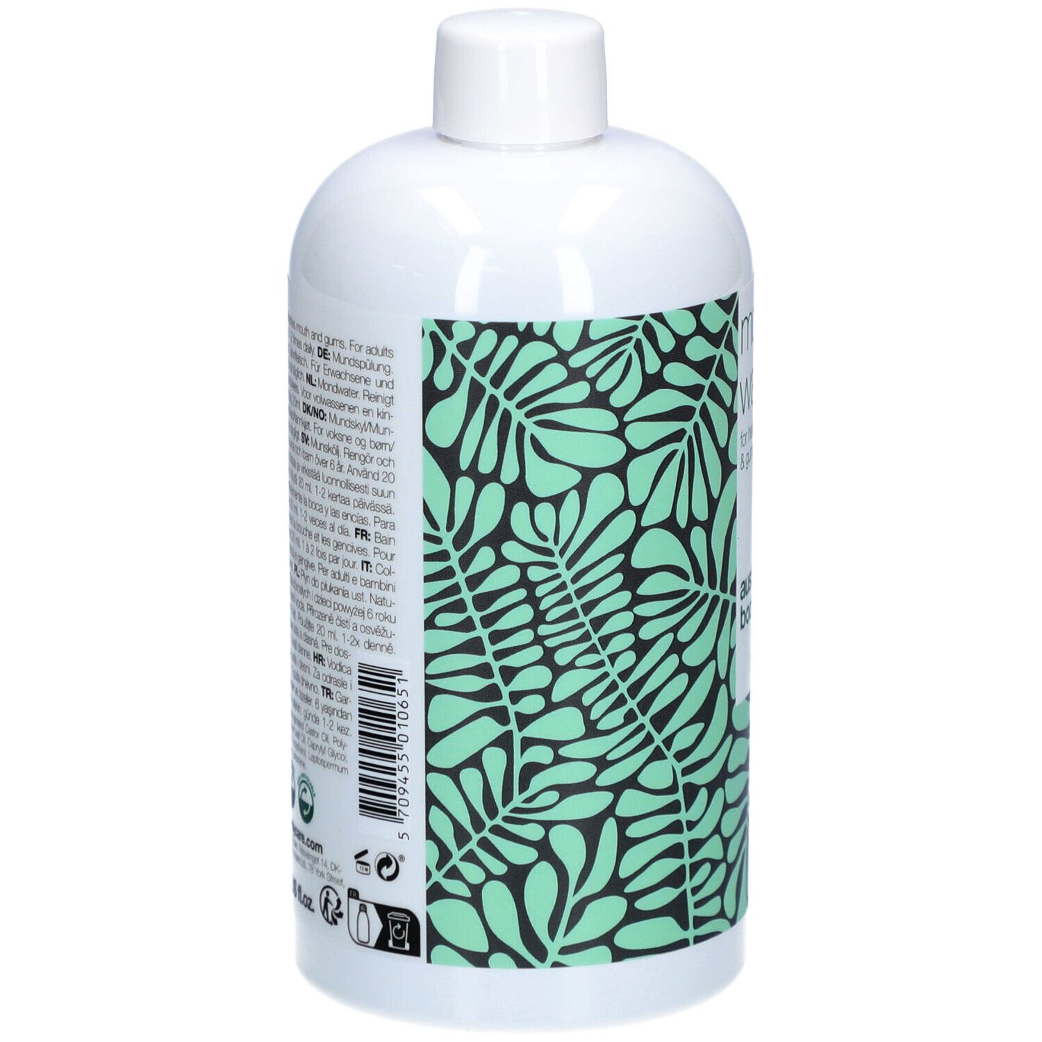 Bouteille blanche avec motif de feuilles vertes. Texte multilingue au dos.